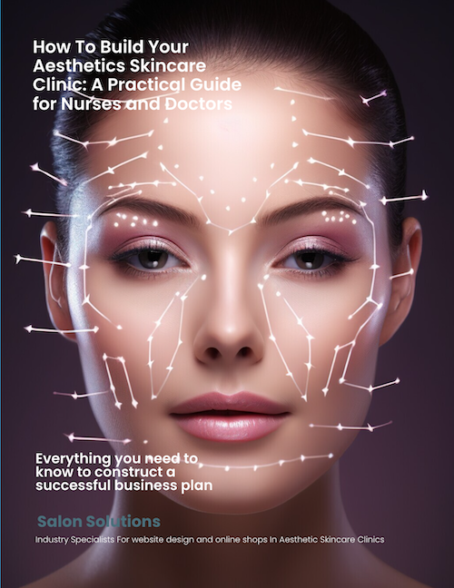 A woman with a flawless face surrounded by white diagram lines for aesthetic facial mapping, promoting a guide on building skincare clinics.