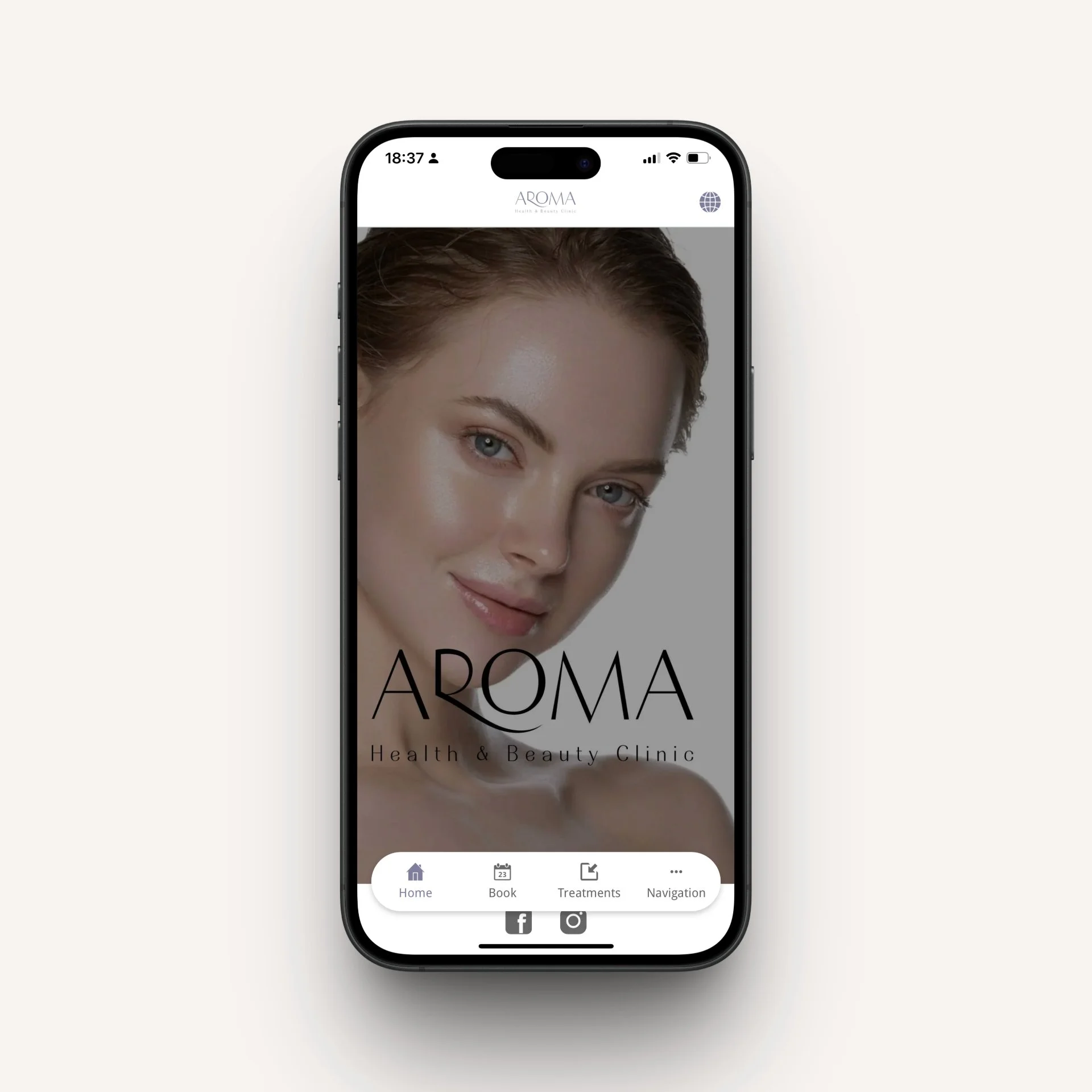 Smartphone displaying a beauty clinic app interface with a woman's face and "AROMA Health & Beauty Clinic" text, including home, book, treatments, and navigation icons at the bottom.
