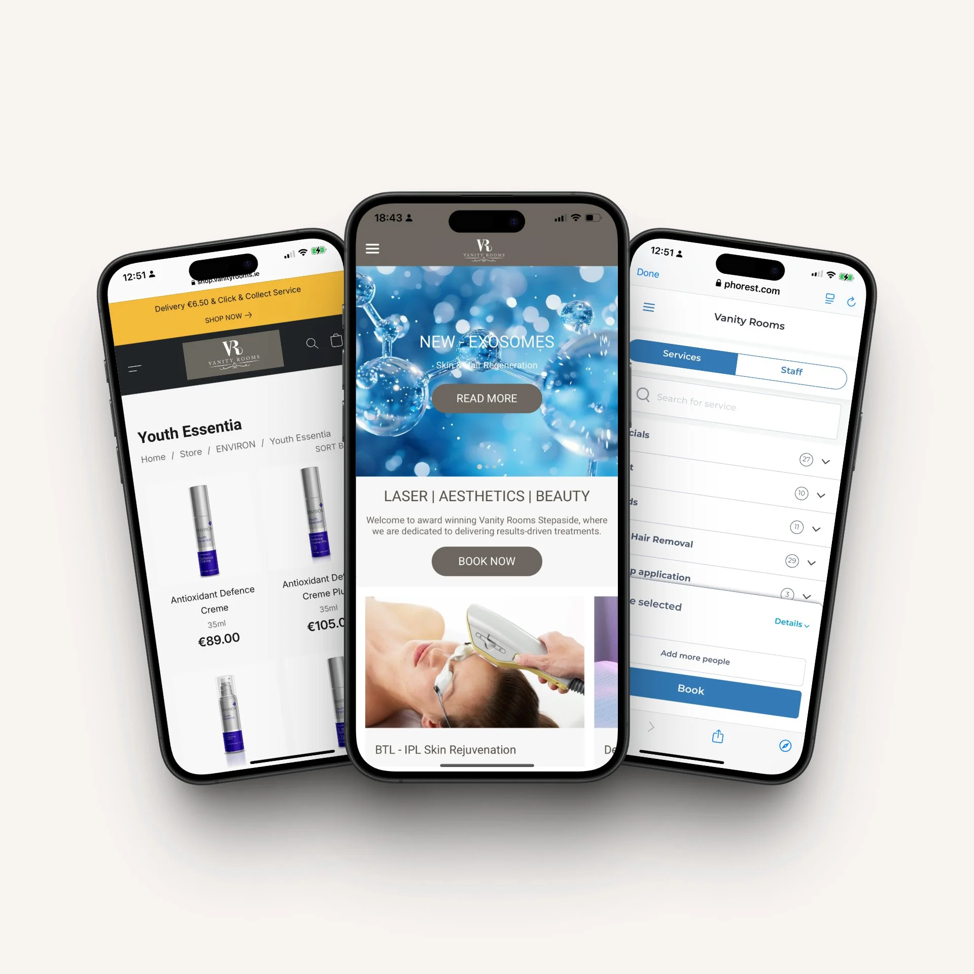 Three smartphones displaying different screens related to skincare and beauty services, including product listings, treatments, and scheduling or booking options.