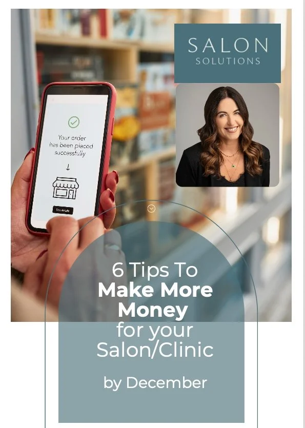 A person holding a smartphone with a successful order confirmation screen, beside a flyer or brochure titled '6 Tips To Make More Money for your Salon/Clinic by December,' with a photo of a smiling woman in professional attire.