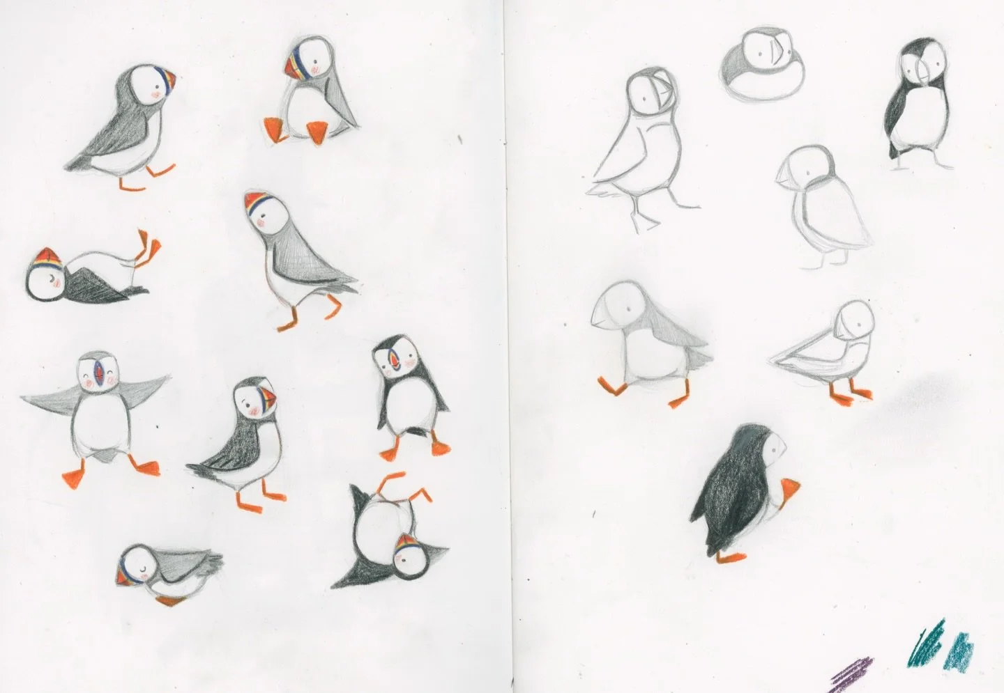 Early puffins. I think these must have been amongst the first puffins I drew, five or six years ago. They&rsquo;ve become a little more refined and slightly more accurate over time, but seeing these I&rsquo;m tempted to bring back some of these sweet