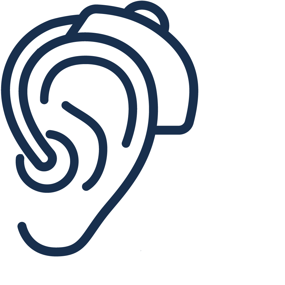 Minimalistic line art of an ear with a cochlear implant. The ear is drawn in a continuous dark line on a plain background.