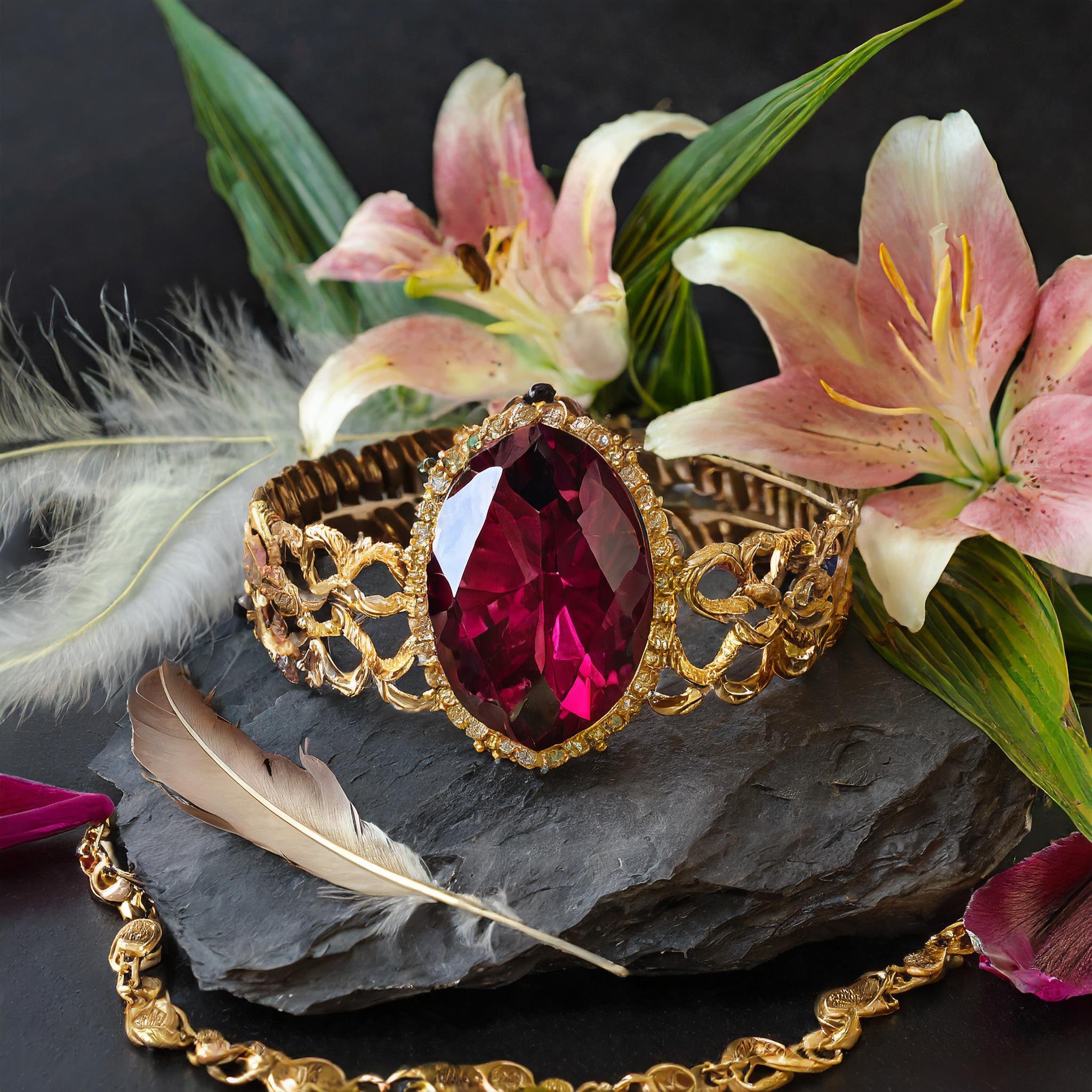 Firefly one big ruby stone in the middle with feathers and Lillies around and behind it. Also add a .jpg