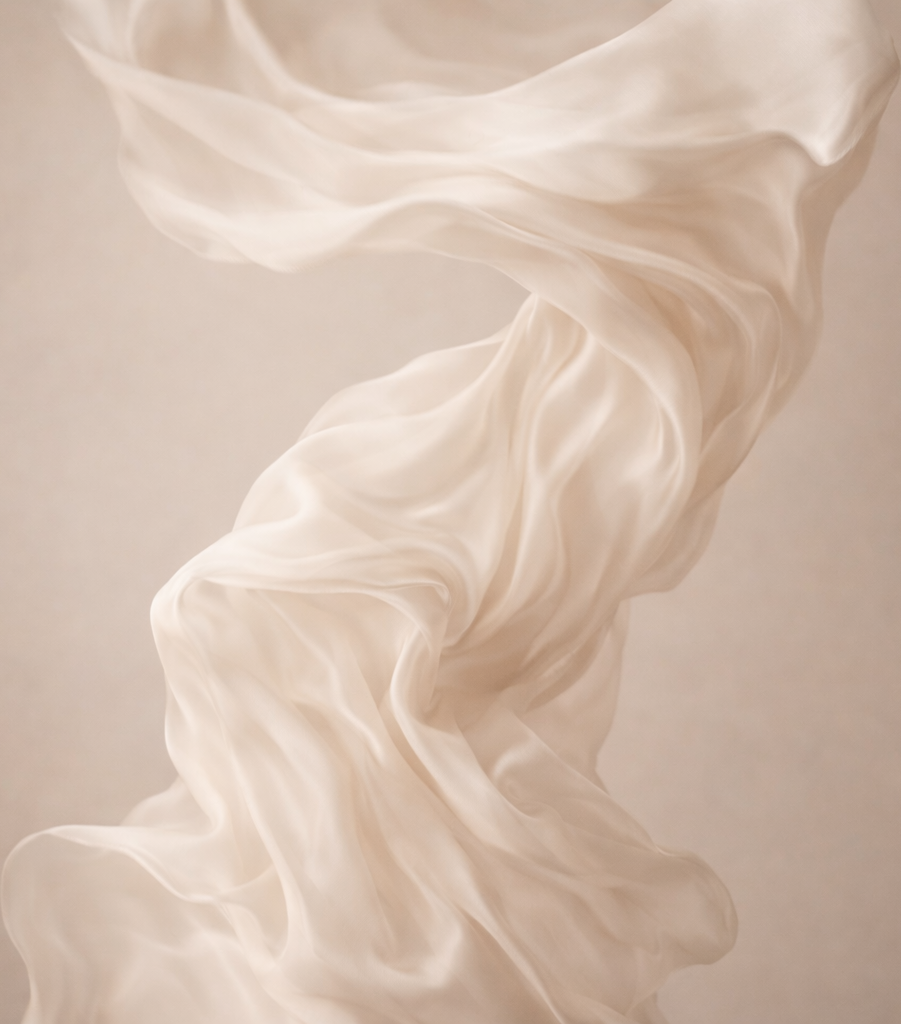 Nahaufnahme eines weißen Stoffes, der in der Luft wirbelt, mit weichen, fließenden Falten.