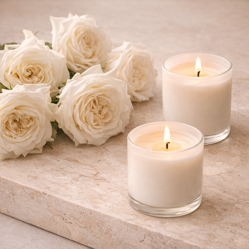 Weiße Rosen und zwei brennende Kerzen auf einer Steinplatte.