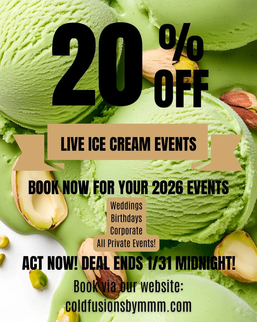 Book now to get 20% off your live event! This includes live serving of ice cream and kulfis and any of our packages. We have over 25 flavors and can customize flavors for your event!

Book now on our website: coldfusionsbymmm.com