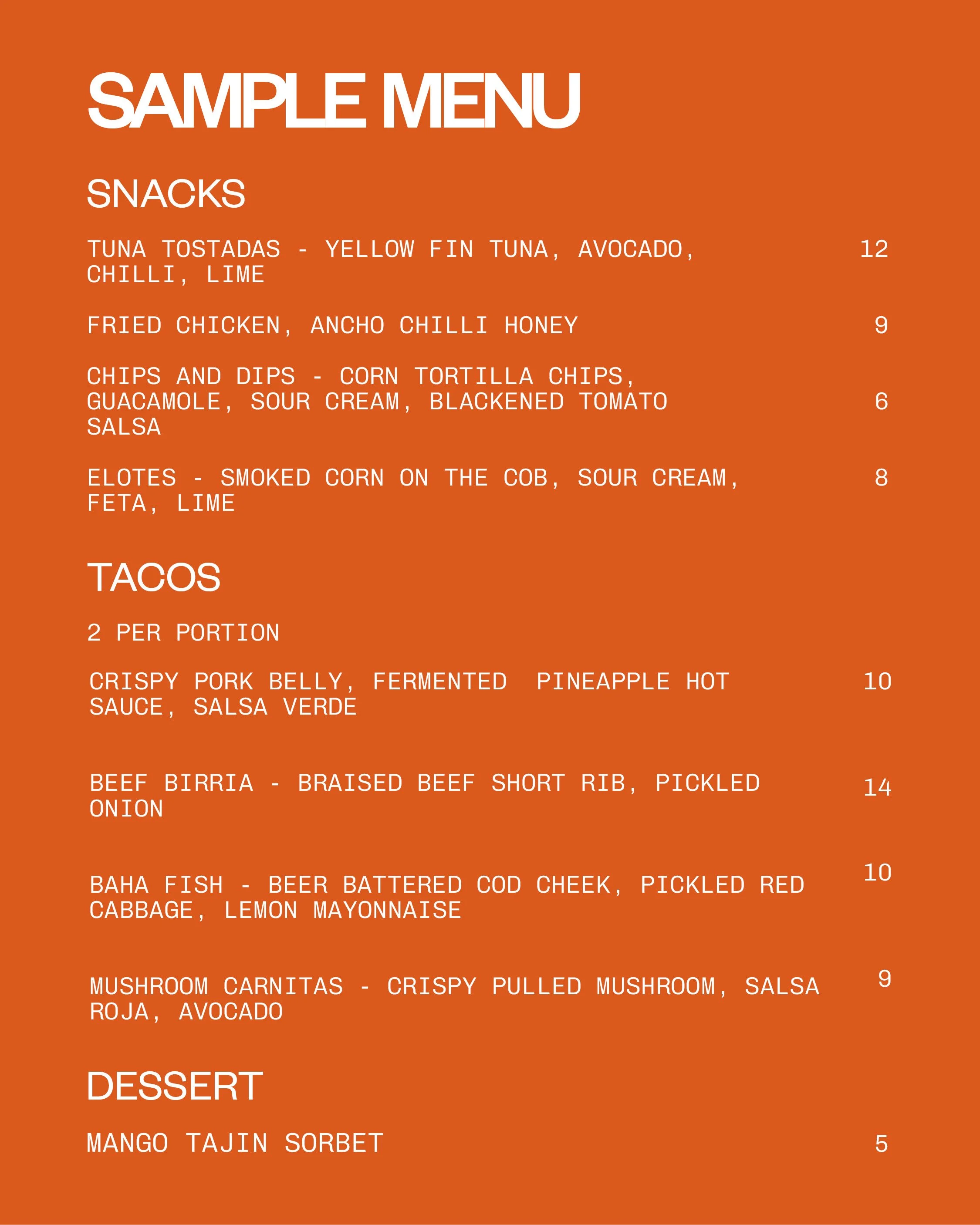 Sample menu on an orange background with sections for snacks, tacos, and dessert, listing various dishes and prices.