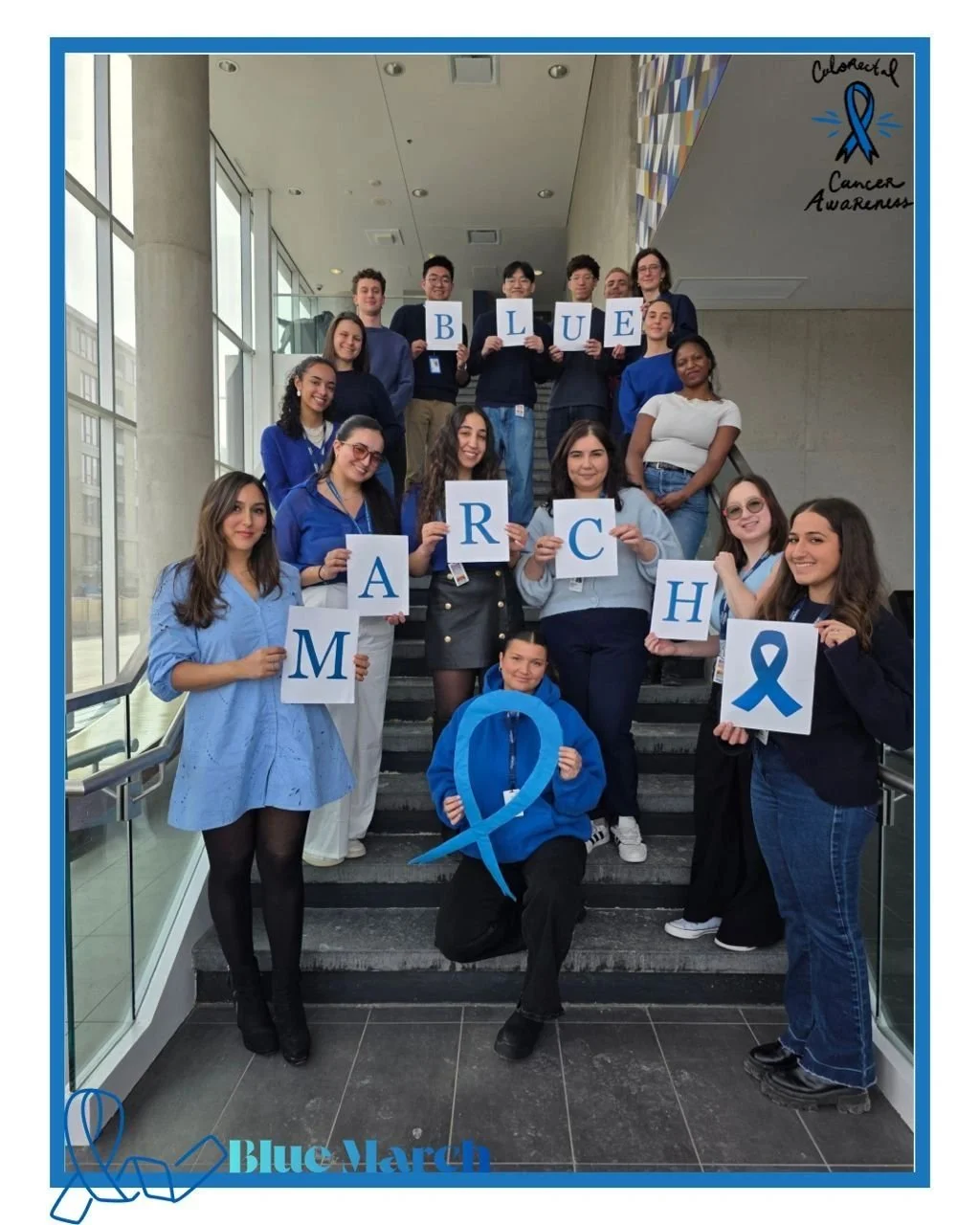 Group of young people on stairs holding signs that spell out "Blue March" with a blue ribbon in front, promoting colorectal cancer awareness. CEDIA. Dr. von renteln. CHUM. Colonoscopy dataset