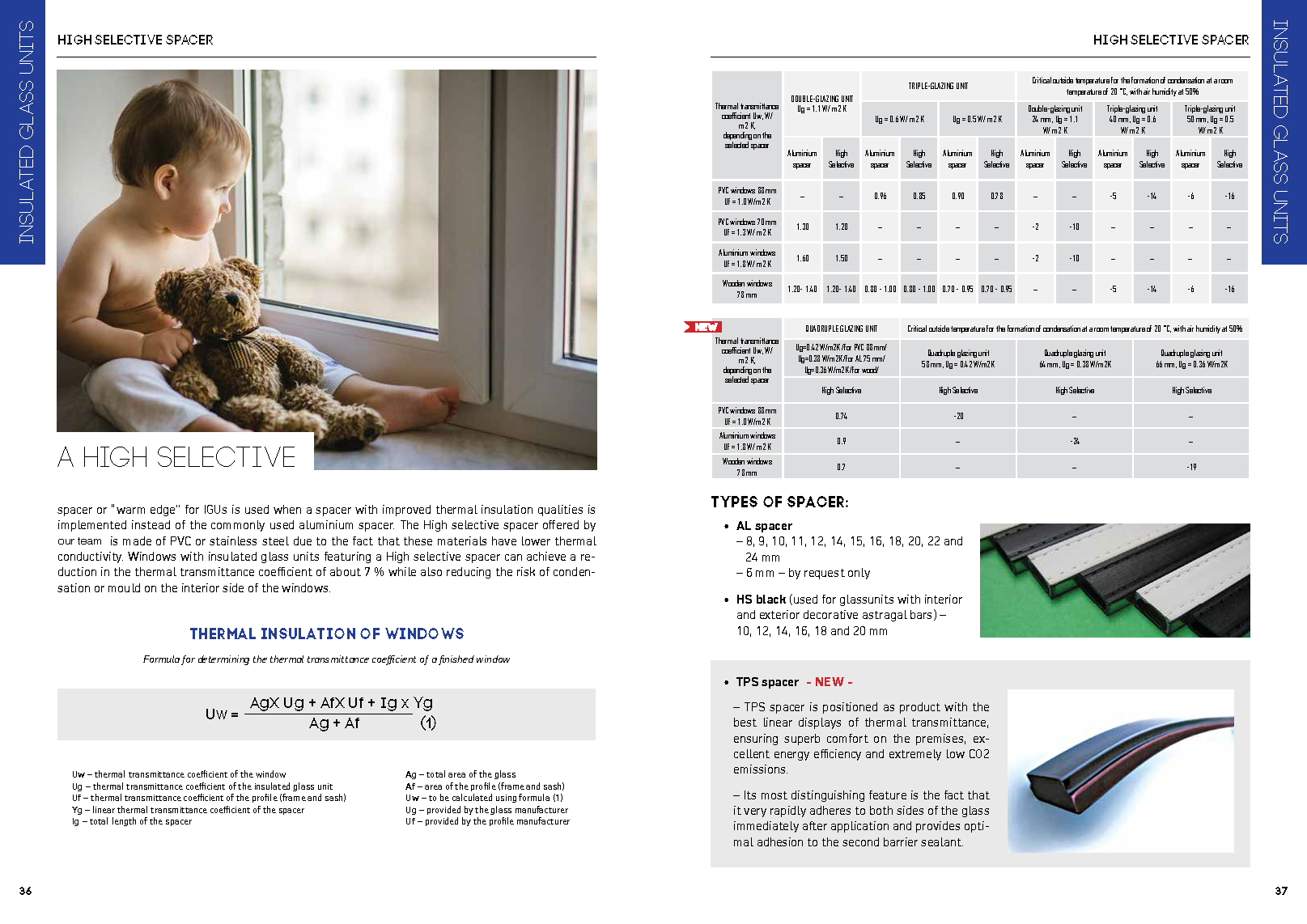 A brochure page featuring a child with a teddy bear looking out a window, informational text about high selective spacers for insulated glass units, and tables comparing thermal insulation properties. Includes images of different types of spacers.