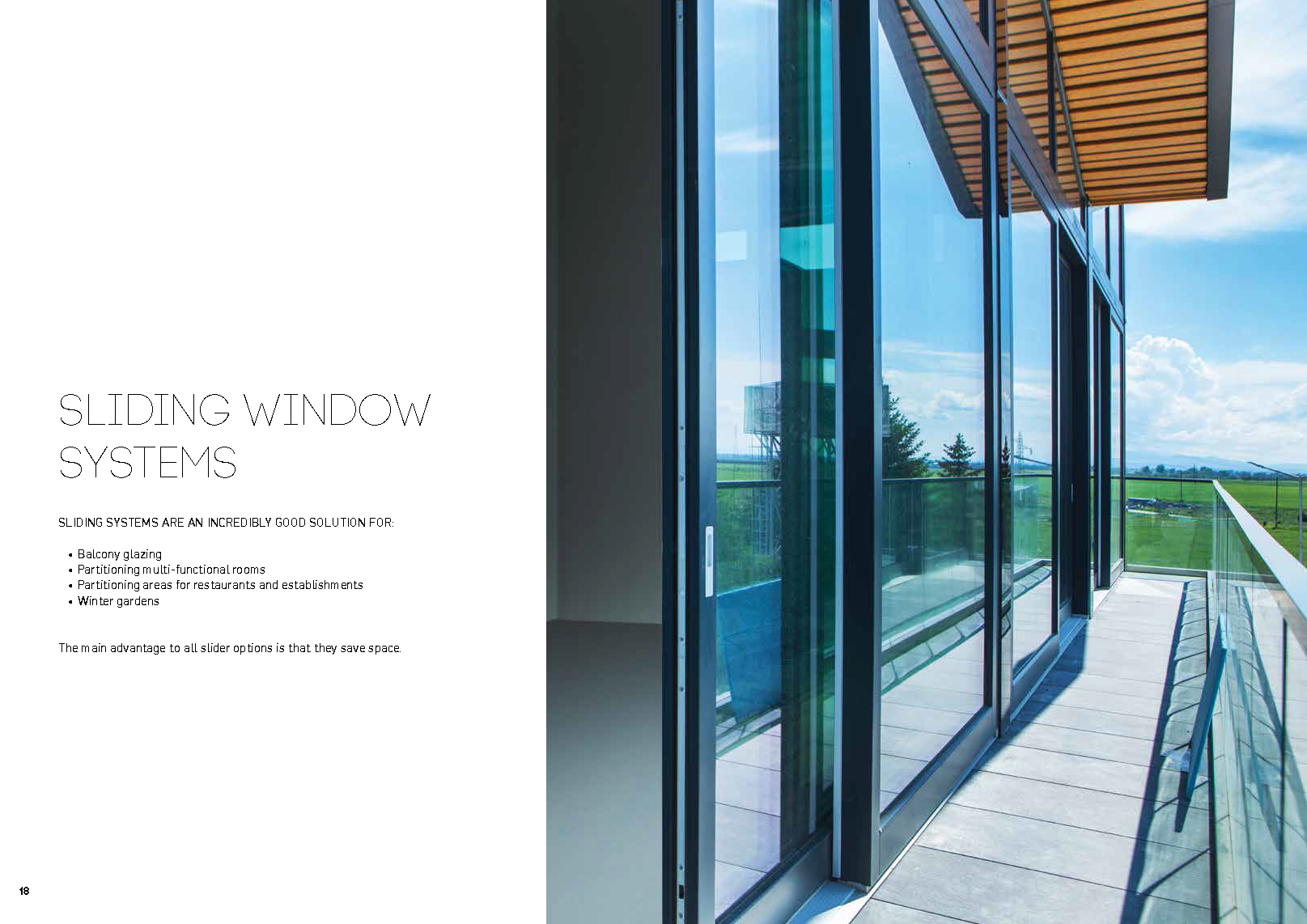 Sliding window systems brochure showing benefits of space-saving sliding glass doors with a scenic view through the windows.