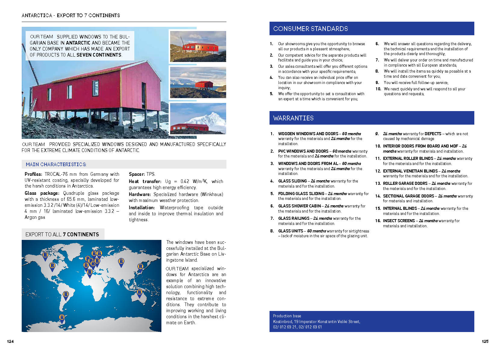 Brochure page showcasing specialized windows for Antarctic conditions. Features images of window installations at the Bulgarian Antarctic Base, product specifications like glass thickness and spacer details, and warranties offered on various products