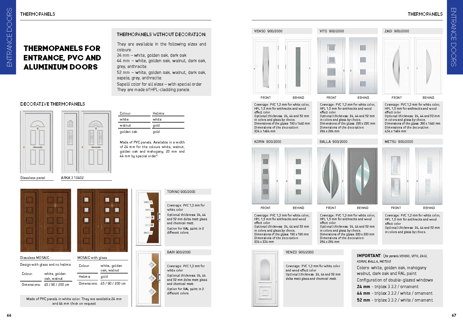 Catalog pages featuring thermopanels for entrance PVC and aluminum doors, showing various designs, colors, materials, and specifications. Includes images and descriptions of decorative and non-decorative panels, and important notes about sizes and op