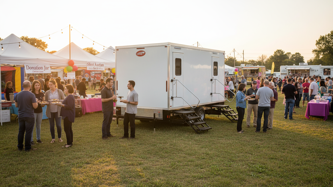 Mobile restroom trailer outside at a film production