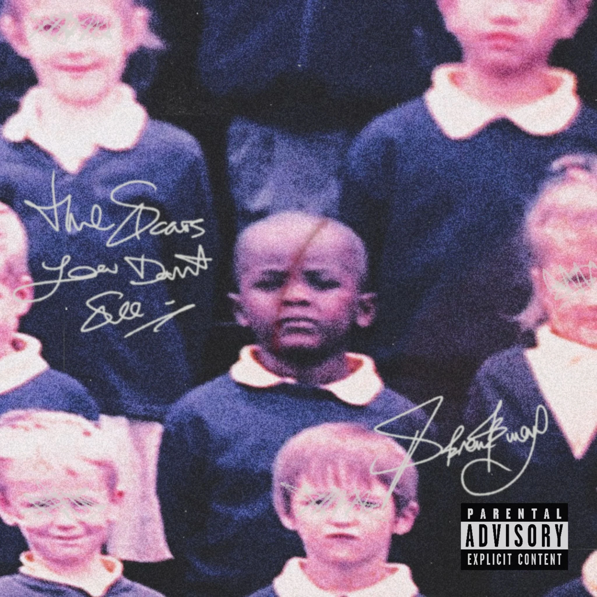 Group of children in school uniforms, with text overlay saying "The Scars You Don't See" and a parental advisory label.