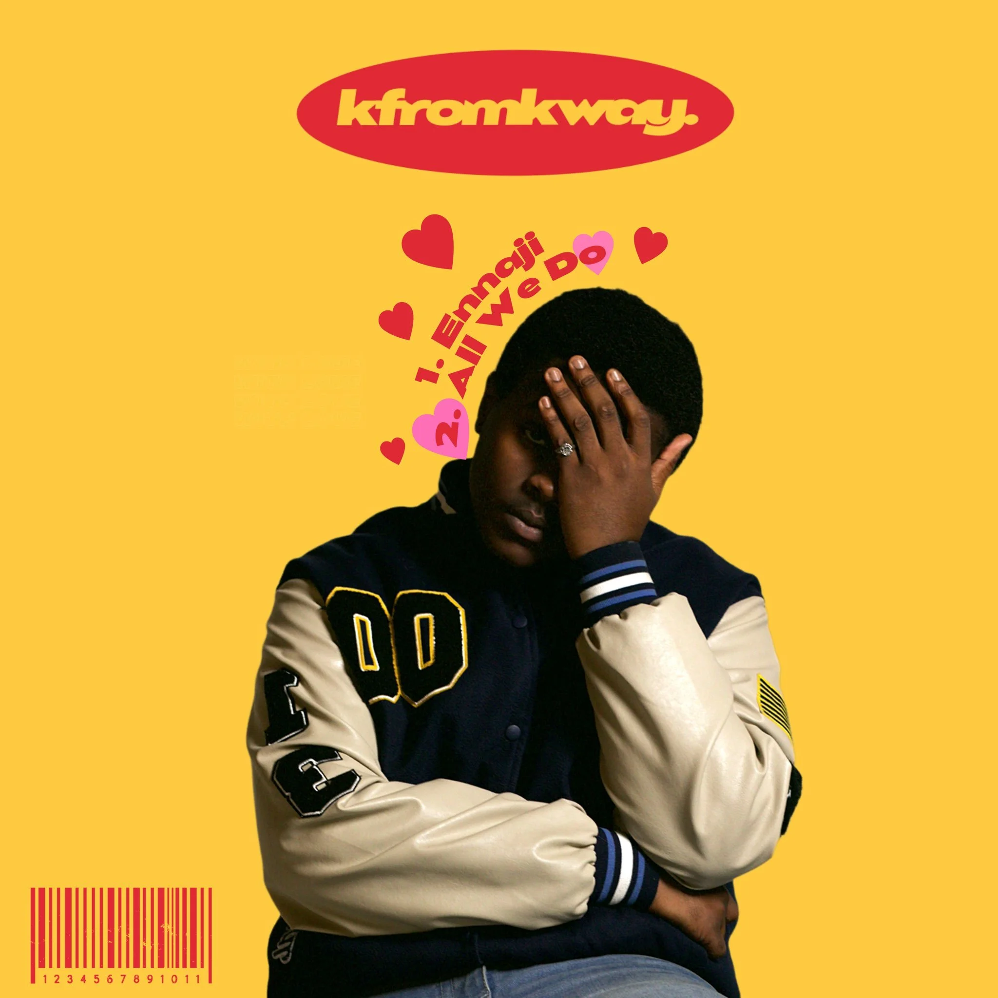 A person wearing a letterman jacket covers their face with one hand, against a yellow background. The text "kfromkway" is at the top, with "1. Emoji" and "2. All We Do" surrounded by heart symbols. A barcode is at the bottom.