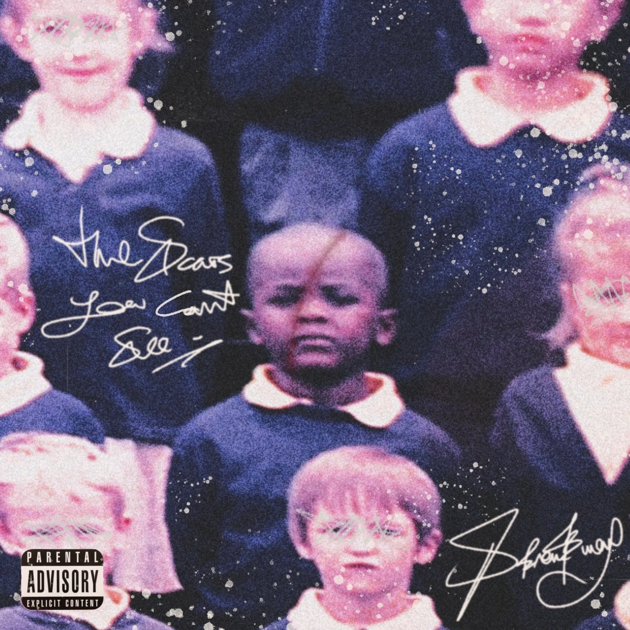 Blurred group photo of young children, with handwritten text "The Scars You Can't See" superimposed, along with a parental advisory label.