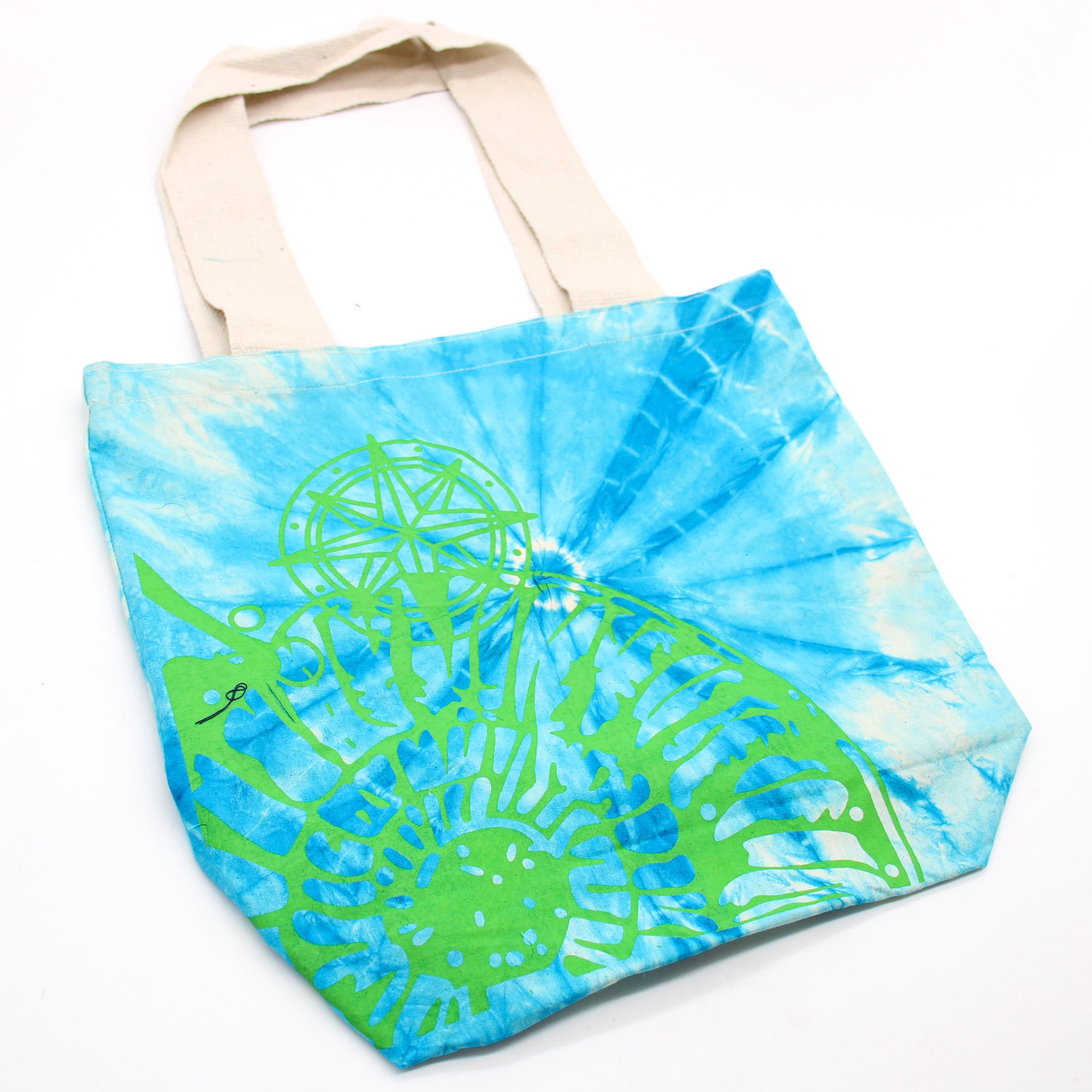 Sea Shell Design Tie Dyed Cotton Tote bag in blue and green flat.jpeg