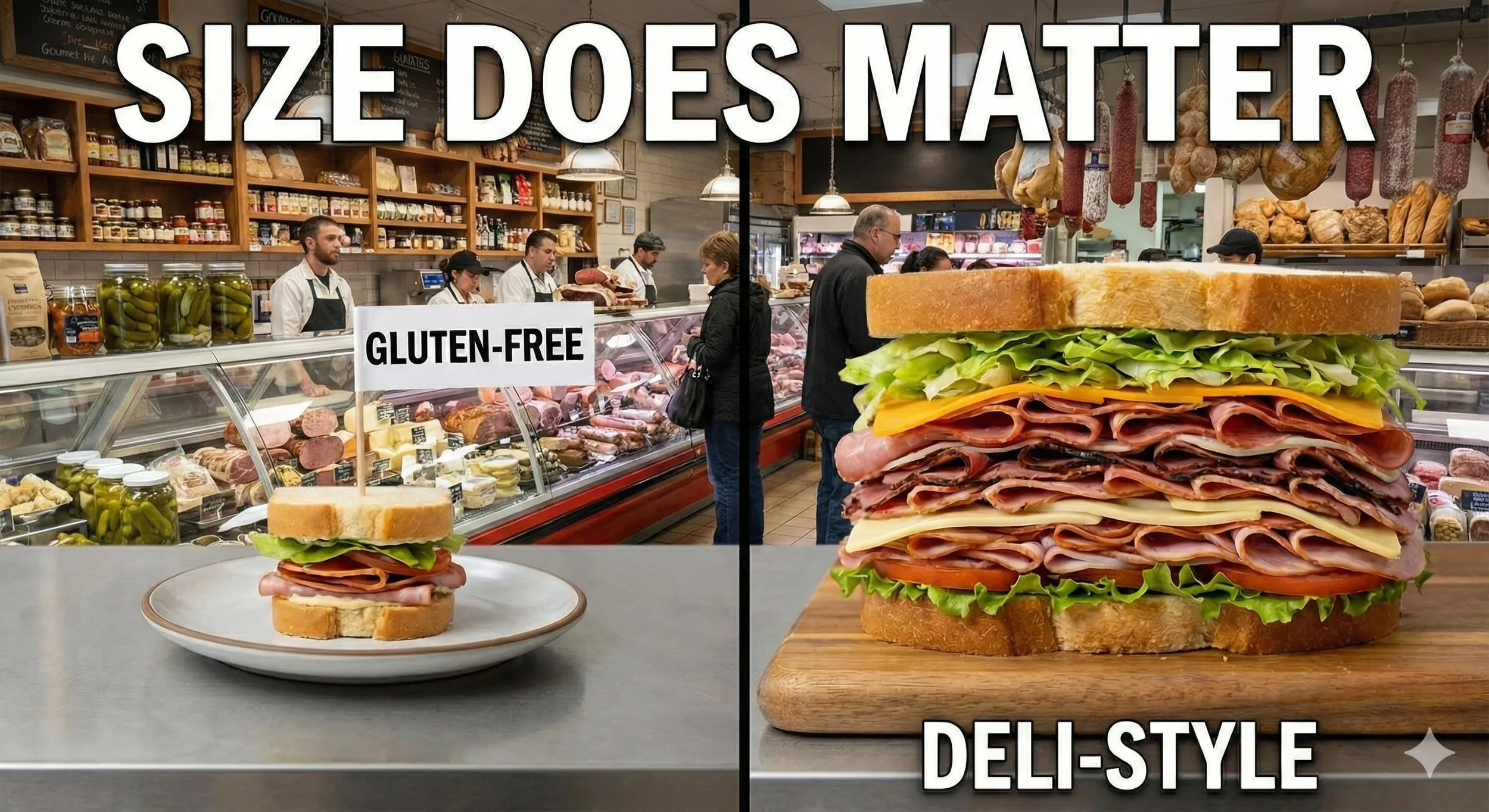 Side-by-side comparison of a tiny gluten-free sandwich with a flag versus a massive deli-style sandwich captioned Size Does Matter.