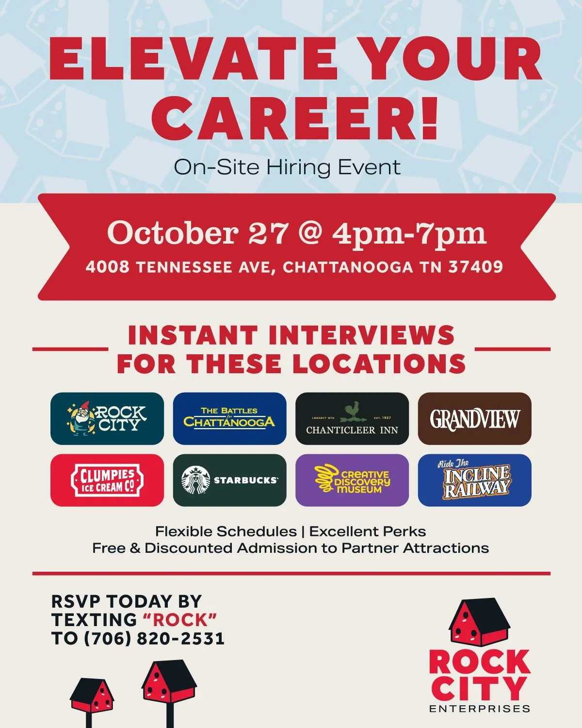 Elevate Your Career with Rock City Enterprises! 🌟
Join us for our On-Site Hiring Event on October 27th from 4&ndash;7 PM at 4008 Tennessee Ave, Chattanooga, TN 37409.
We&rsquo;re hiring for all of our locations &mdash; including Rock City, Clumpies 
