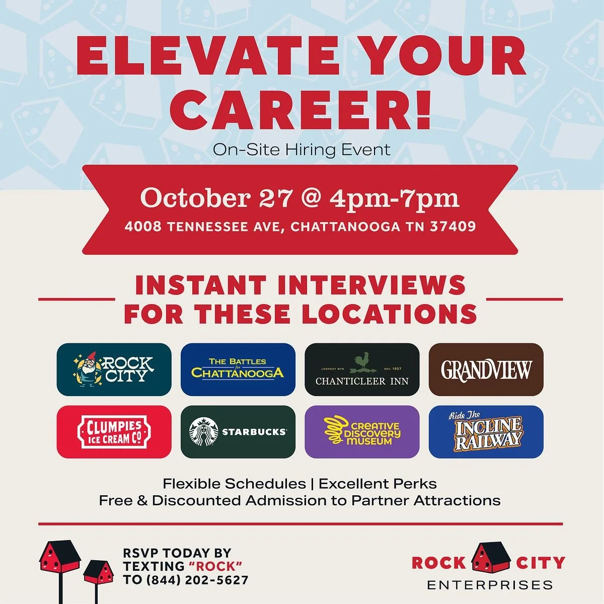 🚨 Today&rsquo;s the day! 🚨
Join us for Rock City Enterprises&rsquo; On-Site Hiring Event happening TODAY, October 27 from 4&ndash;7 PM at 4008 Tennessee Ave, Chattanooga!

Come meet our team and get an instant interview for positions at:
 🌄 Rock C