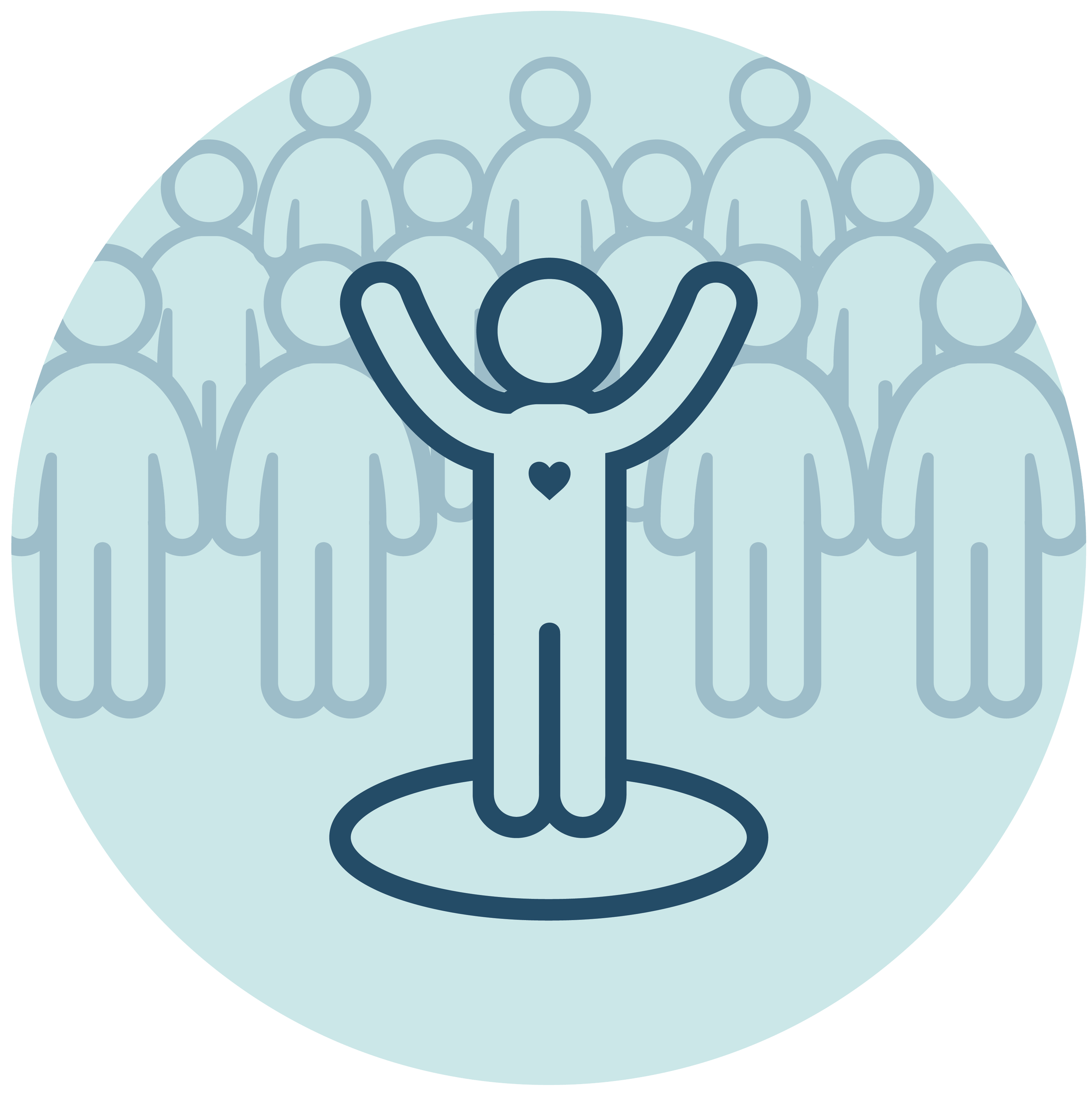 Icono de un L+1 con los brazos levantados y un corazón en el pecho, rodeada de varias figuras humanas en un fondo claro.