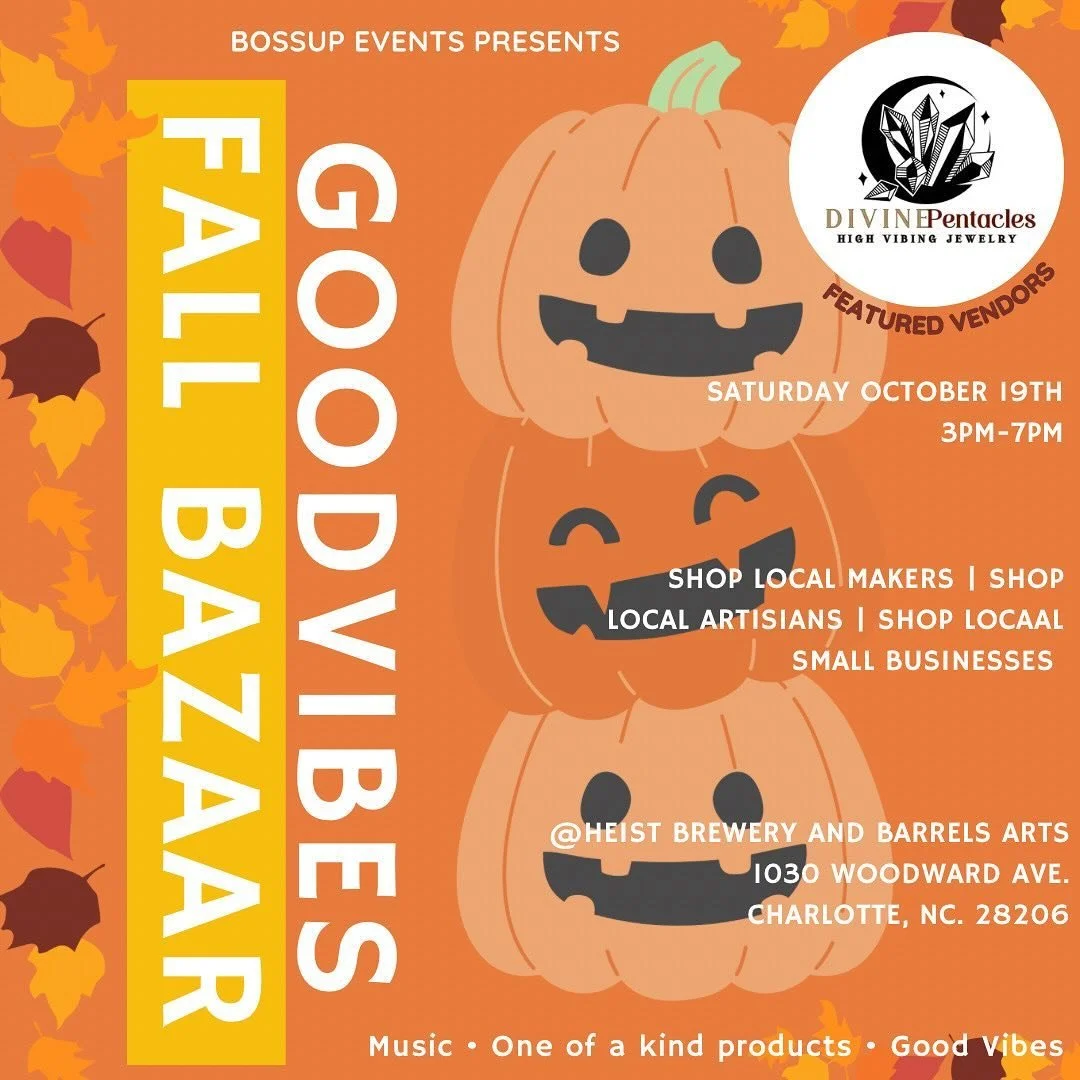 Divine Pentacles is so excited to pop up at another amazing event hosted by @bossup_events 🤝🏾💫! Meet us at the Good Vibes Fall Bazar 🧡🎃🍁

🗓️ Date: October 19, 2024 
⏱️: 3 PM - 7 PM 
📍Location: Heist Brewery and Barrels Arts
1030 Woodward Aven