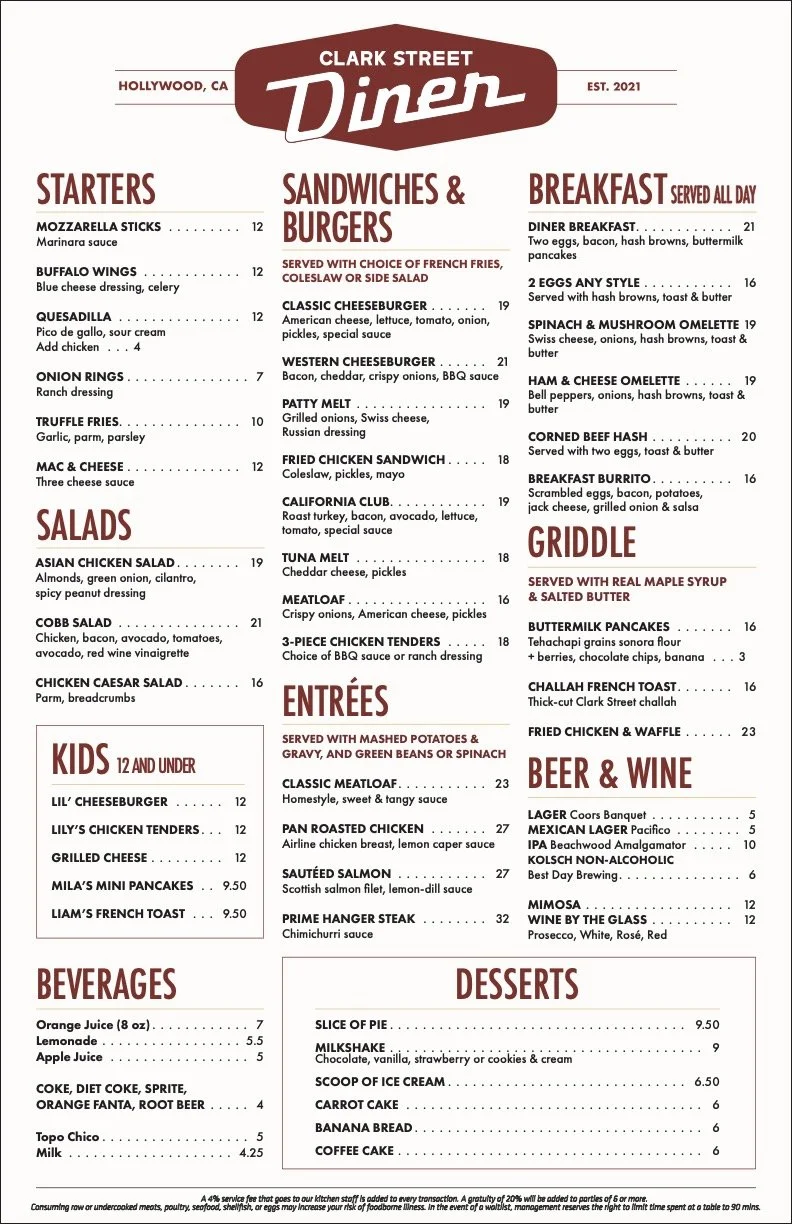 Clark Street Diner Dinner Menu