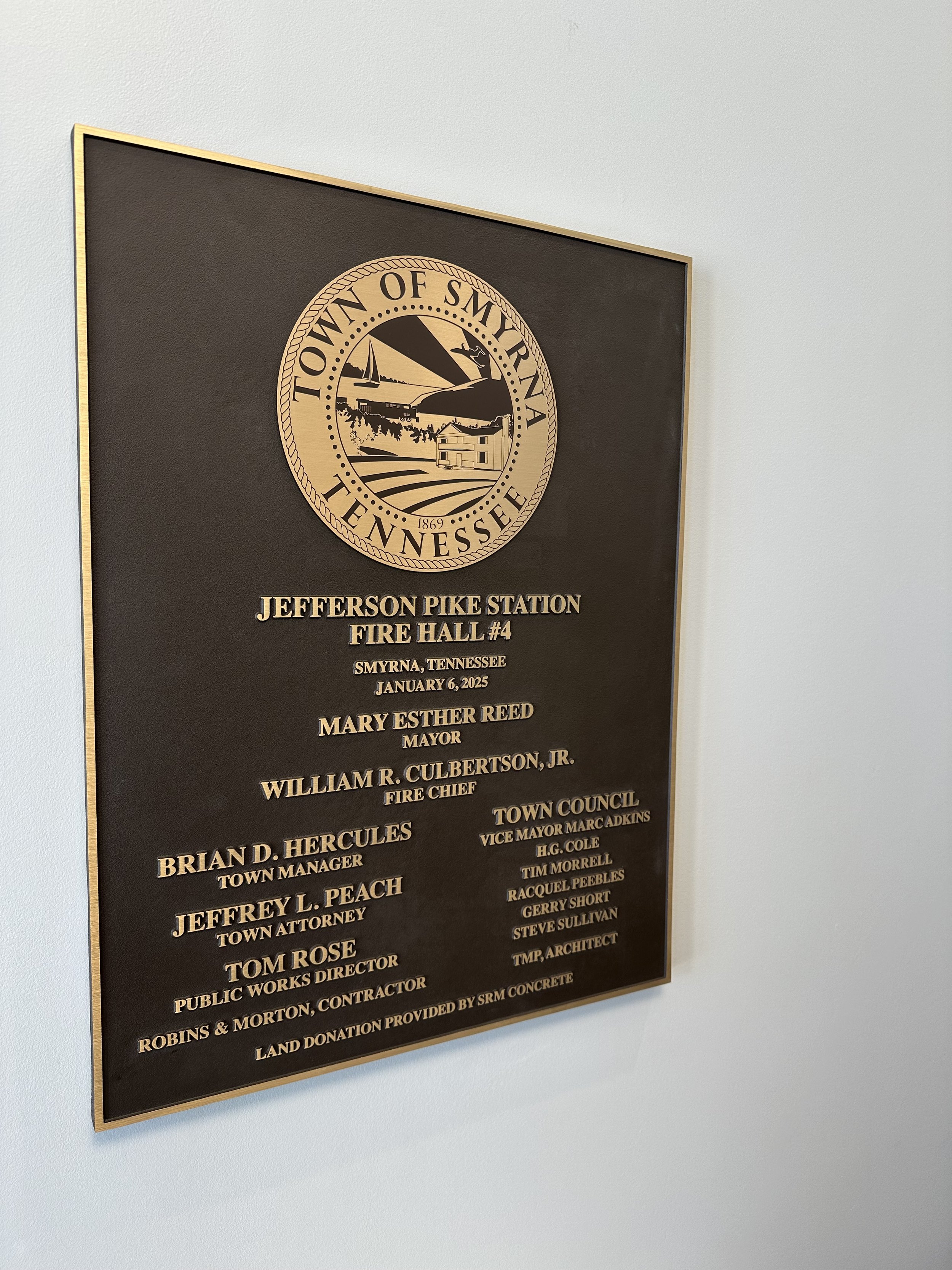 Plaque for the Jefferson Pike Station Fire Hall #4 in Smyrna, Tennessee dated January 6, 2023. Includes names of the mayor, fire chief, town manager, town attorney, public works director, town council, contractor, and architect. Features the Town of