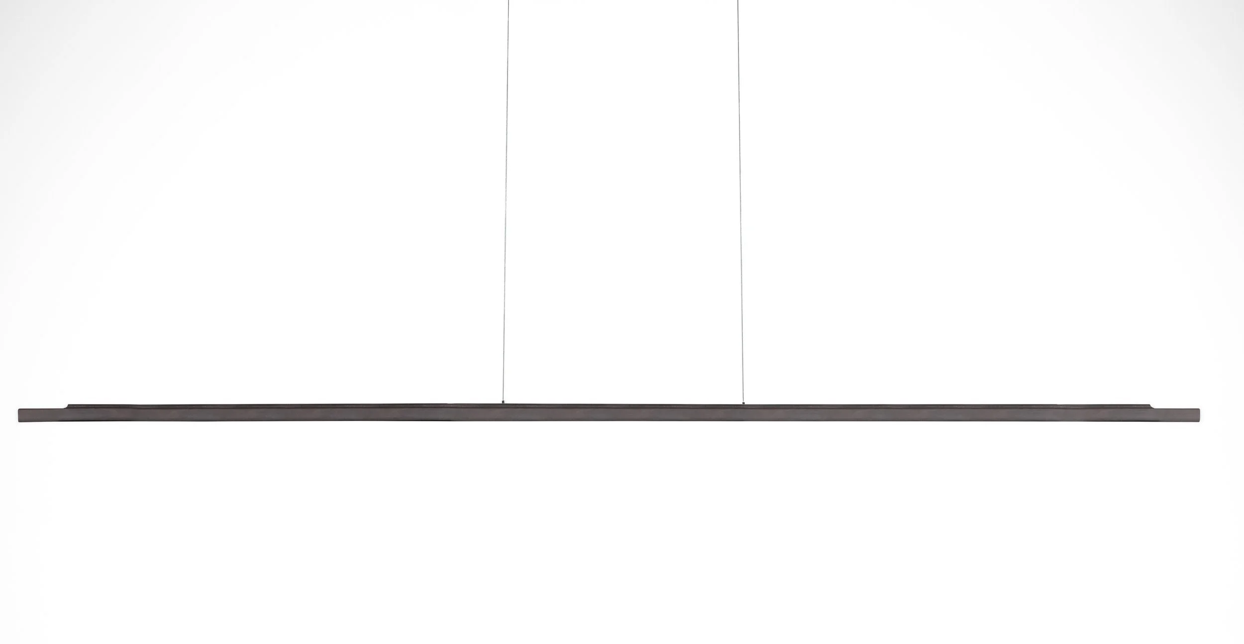 A modern, minimalist linear pendant light fixture hanging from the ceiling with thin wires, against a plain white background.
