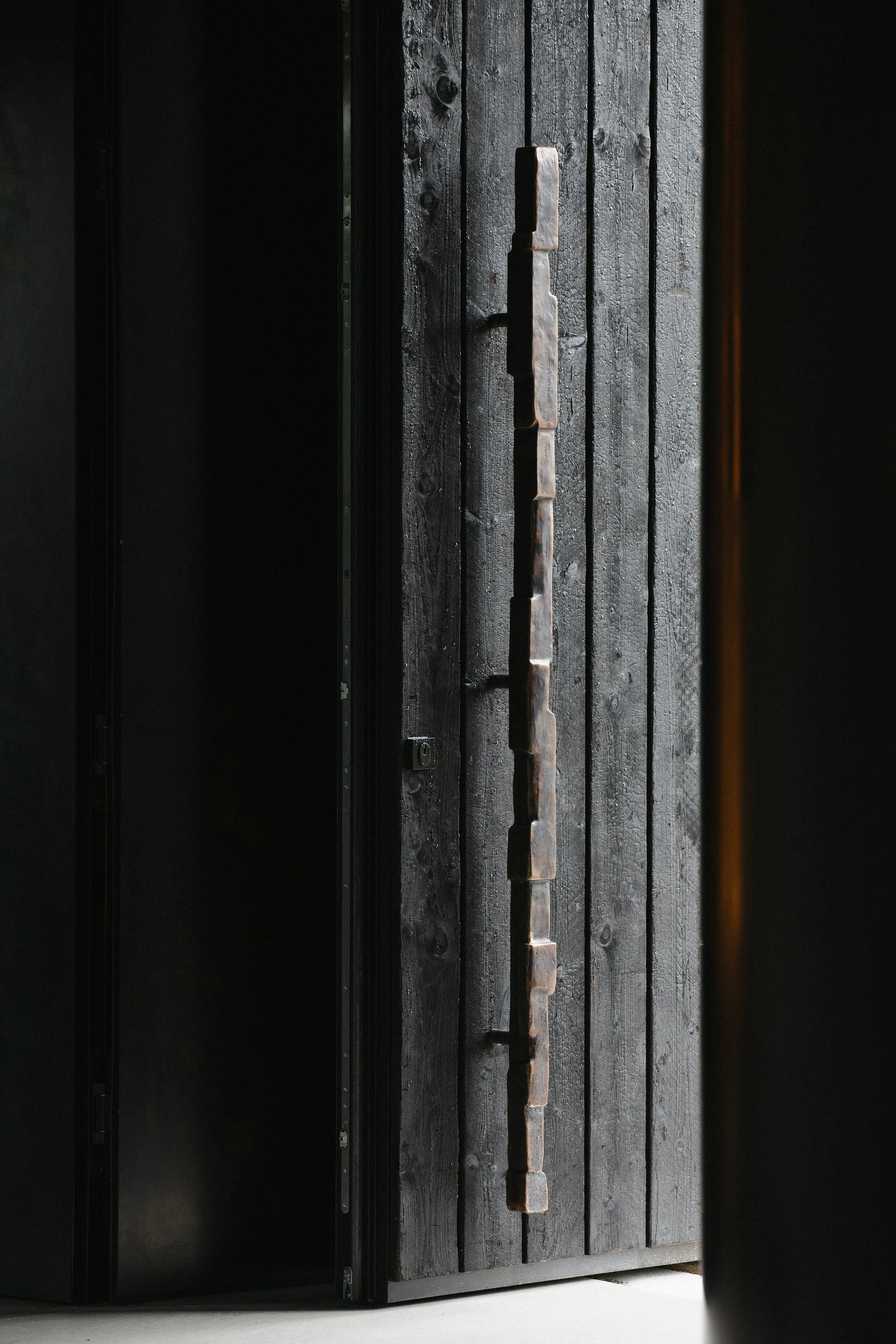Vertical view of a dark wooden door with a bronze, with shadowed black walls on either side.
