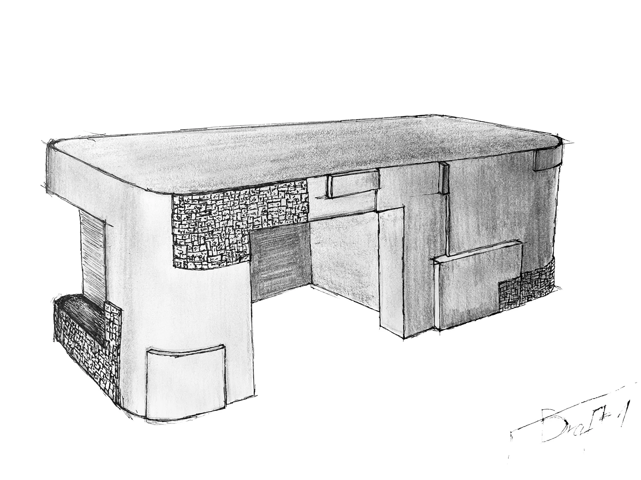 Sketch of a modern building with curved walls and decorative brick accents.