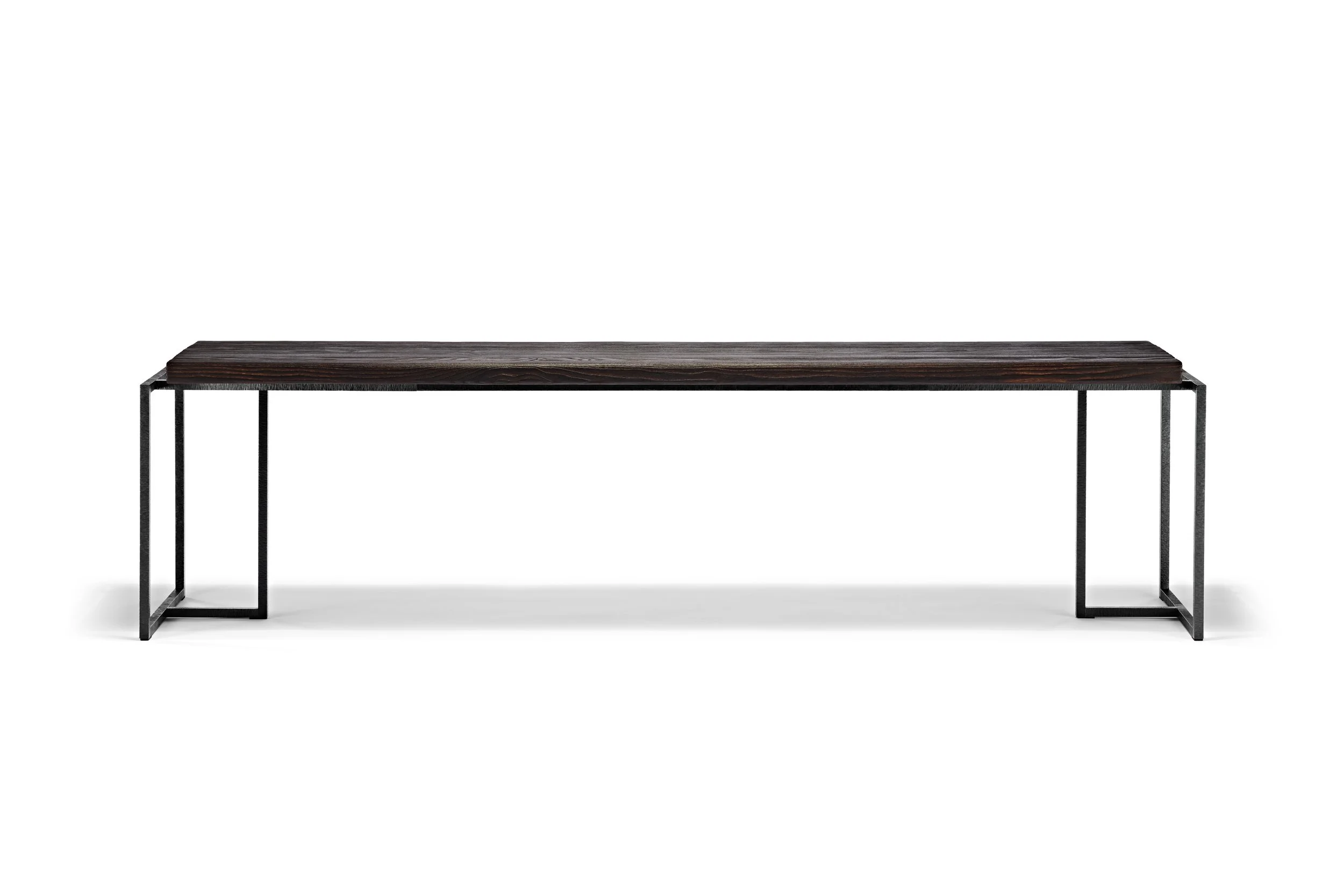 A modern wooden tabletop with a black metal frame, minimalist design, set against a white background.