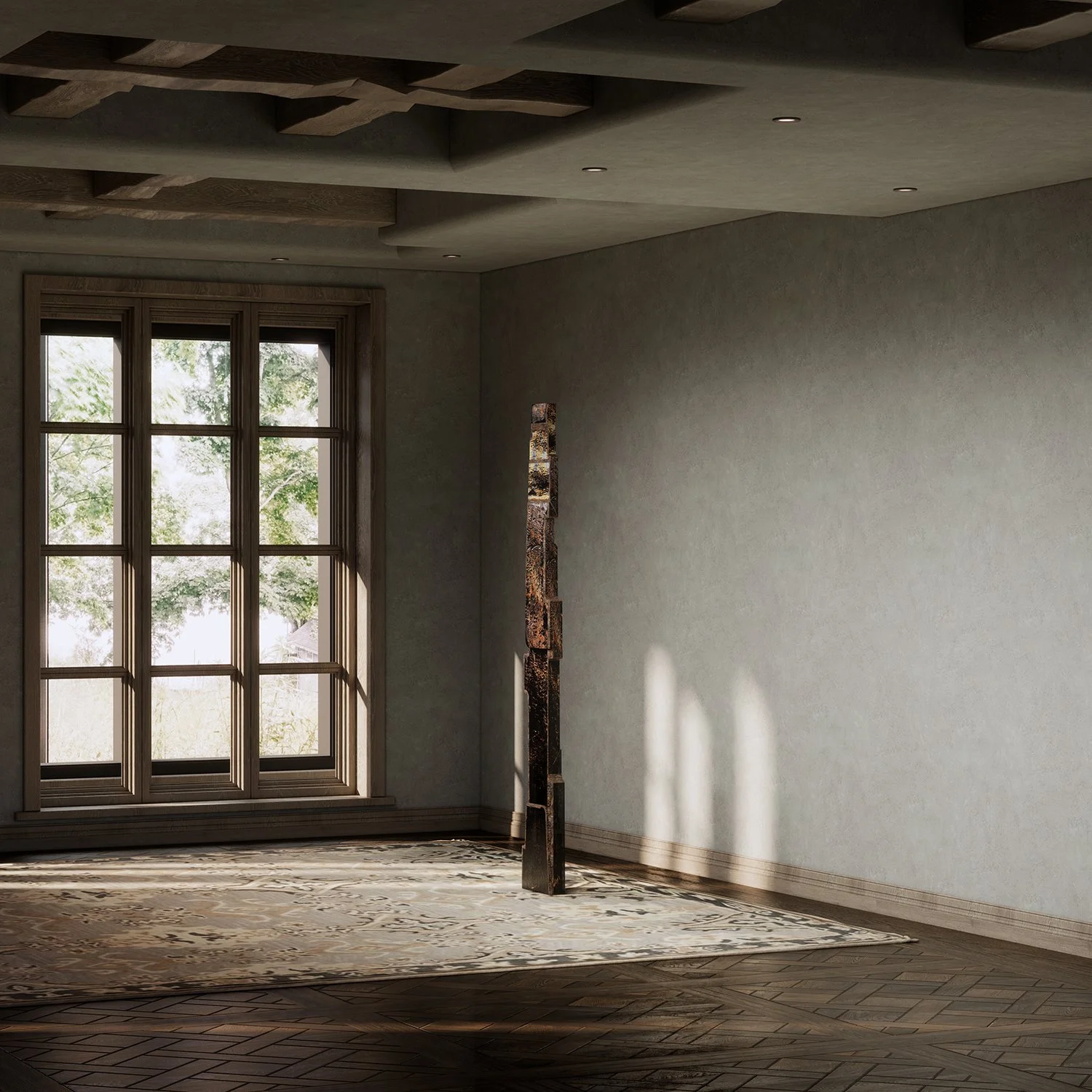 Empty room with wooden window, patterned rug, and tall abstract sculpture with sunlight casting shadows on the wall.
