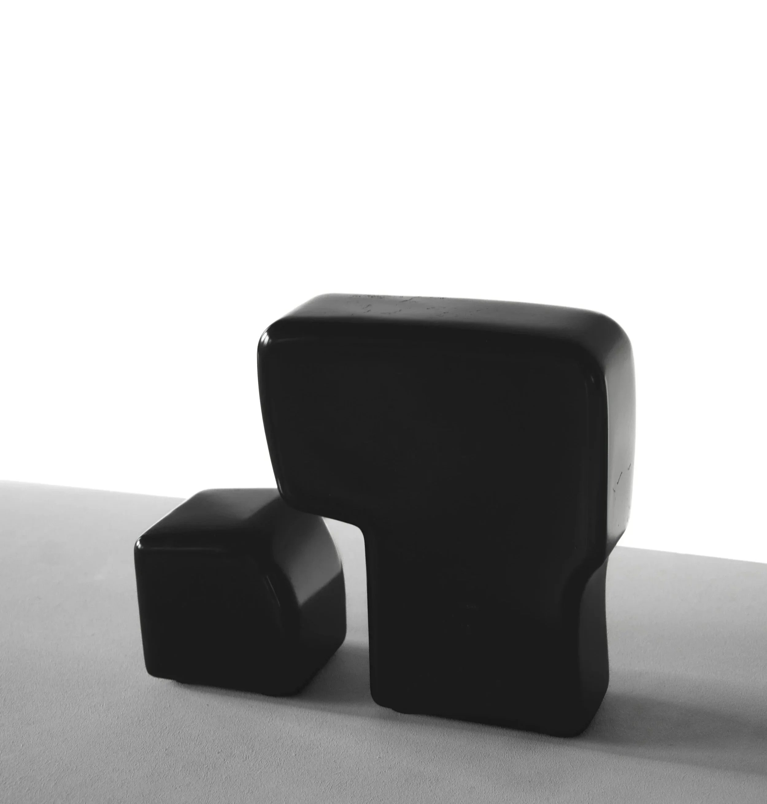 Two black, glossy, abstract sculptural objects on a light surface with a plain white background.