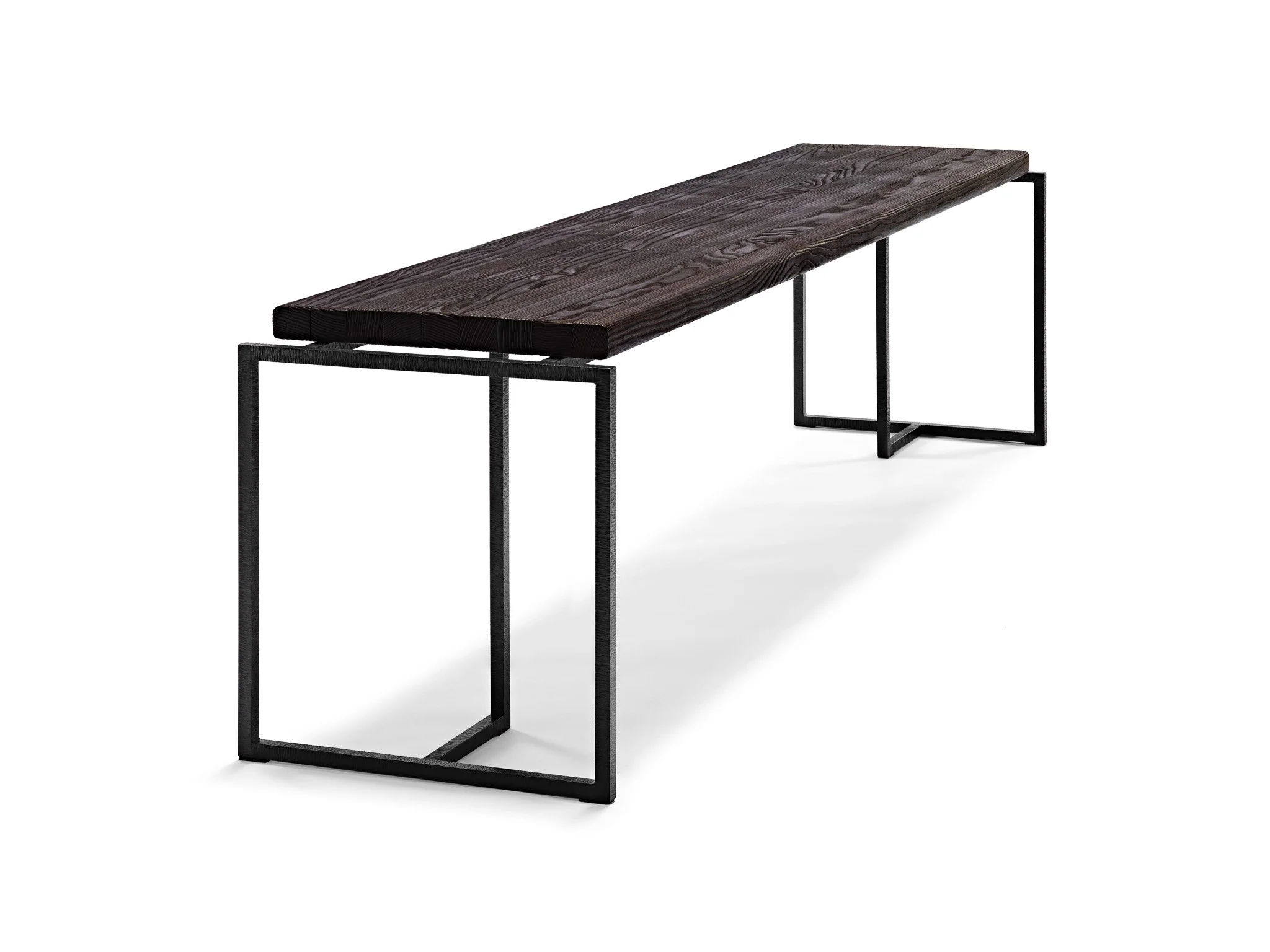 A modern bench with a dark wooden top and black metal geometric frame legs.