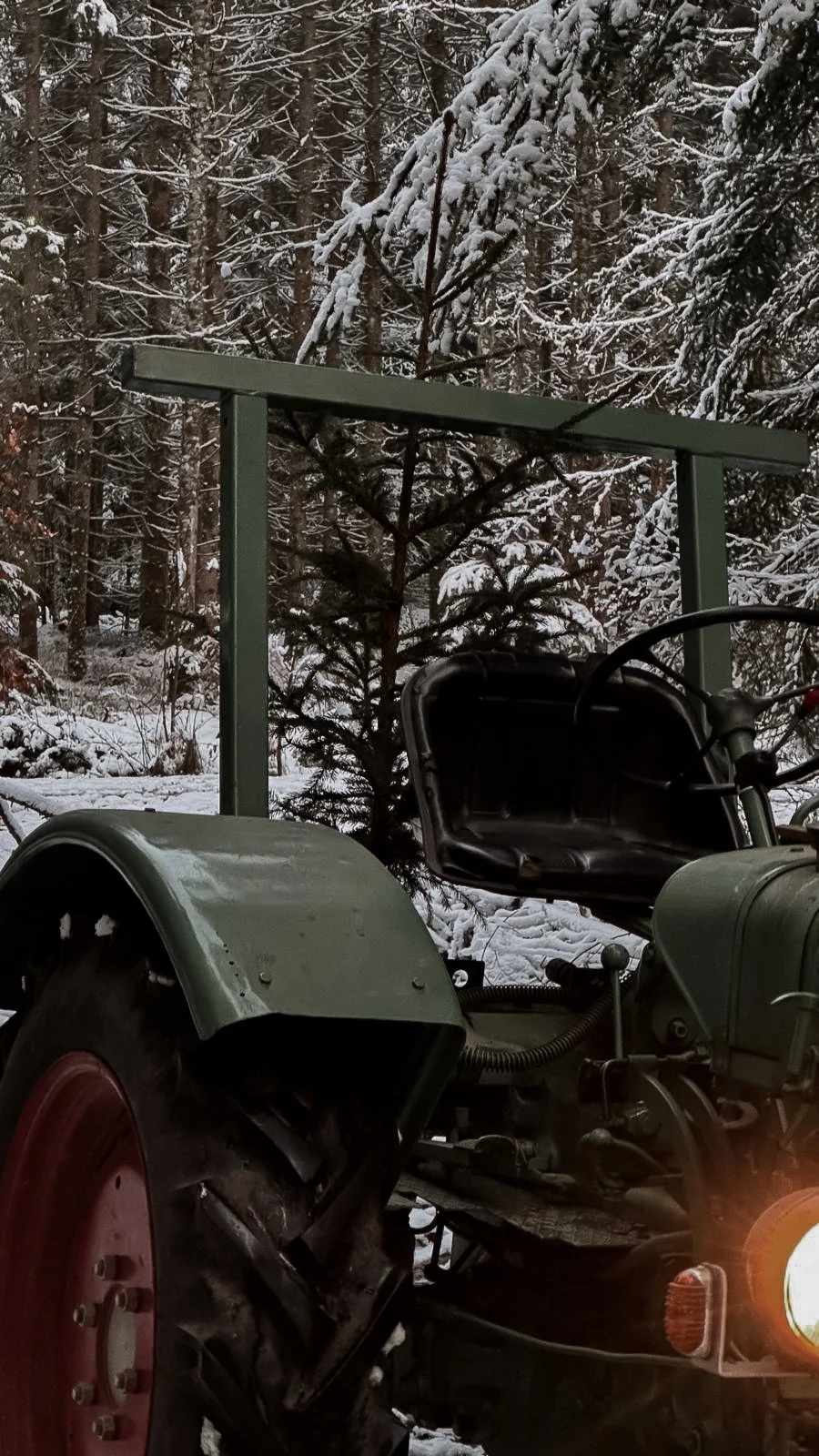 Old tractor parked in snowy forest with snow-covered trees in the background.