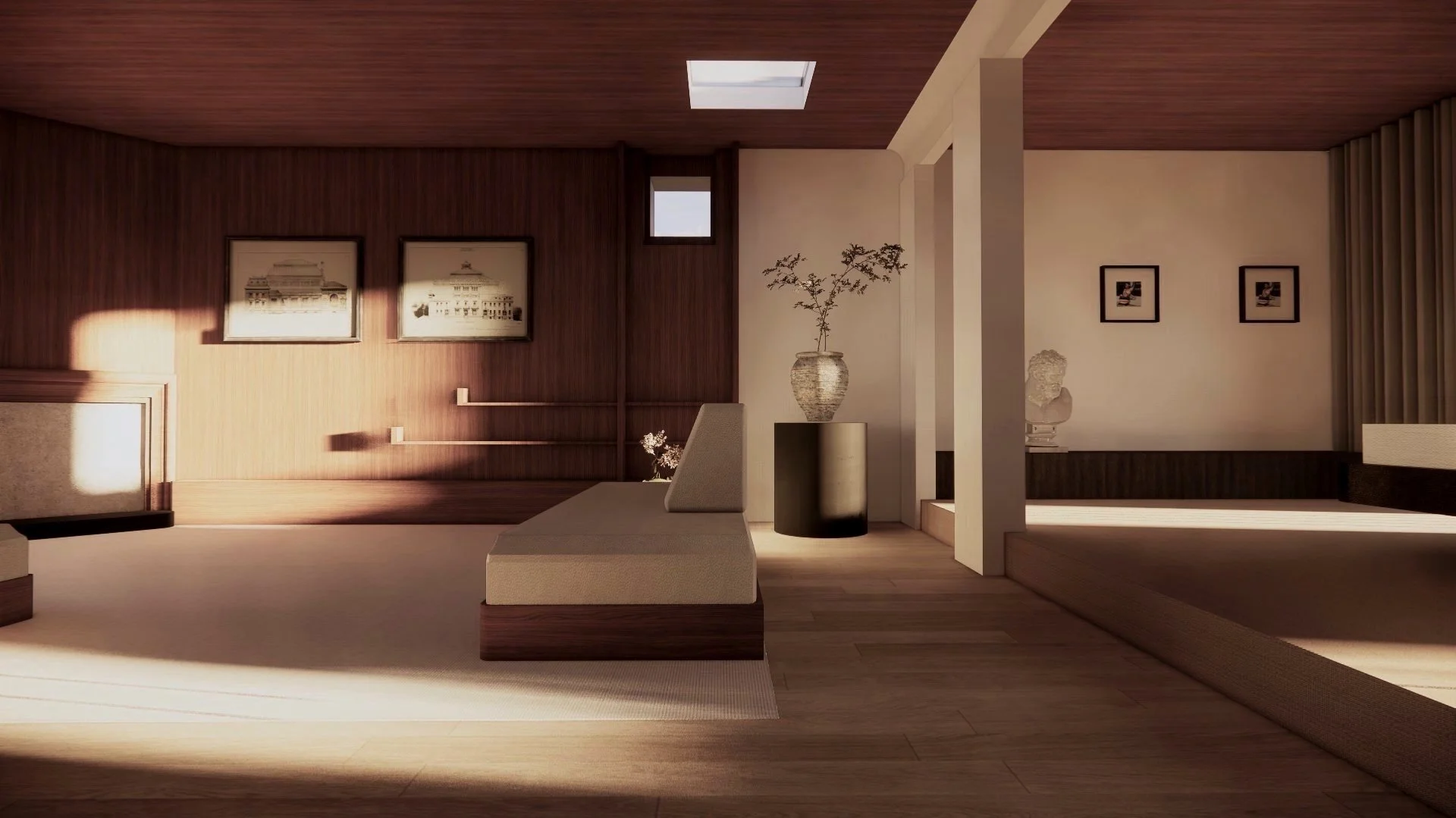 Minimalist interior living space with wooden and neutral decor, framed pictures, a bench with cushions, and a potted plant.