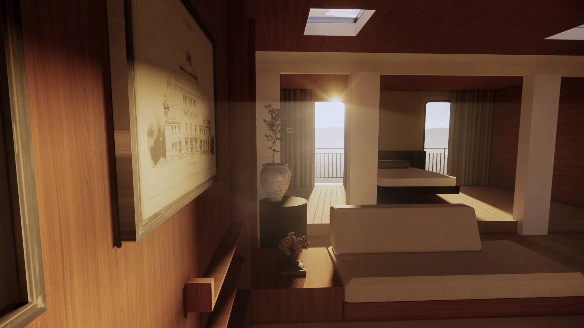 Sunlight shining into a modern bedroom with wooden walls, a bed near the window, a large potted plant, a framed architectural blueprint, and a beige sofa.