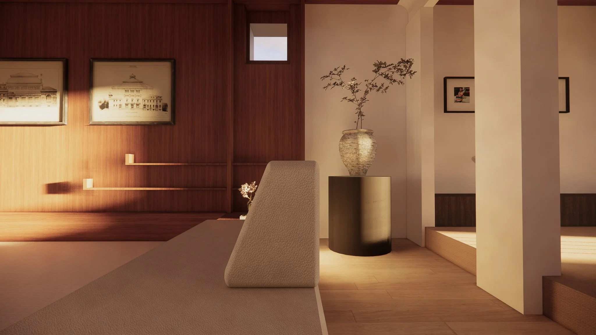 Minimalist interior with wooden wall, framed artworks, a beige chair, a potted plant, and built-in seating areas.