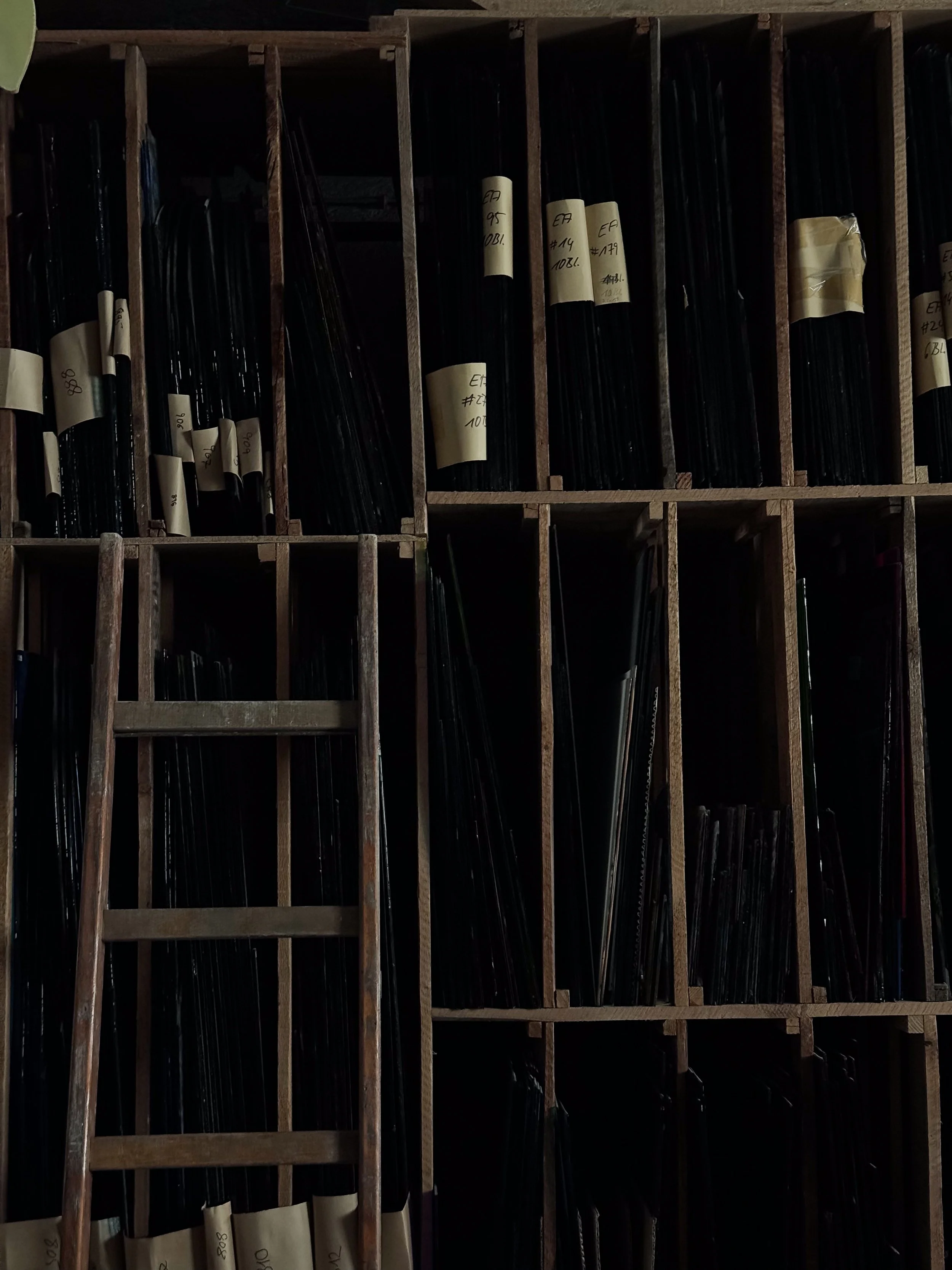 A wooden shelving unit filled with rows of black glass sheets, some labeled with white paper tags. A wooden ladder leans against the shelves.