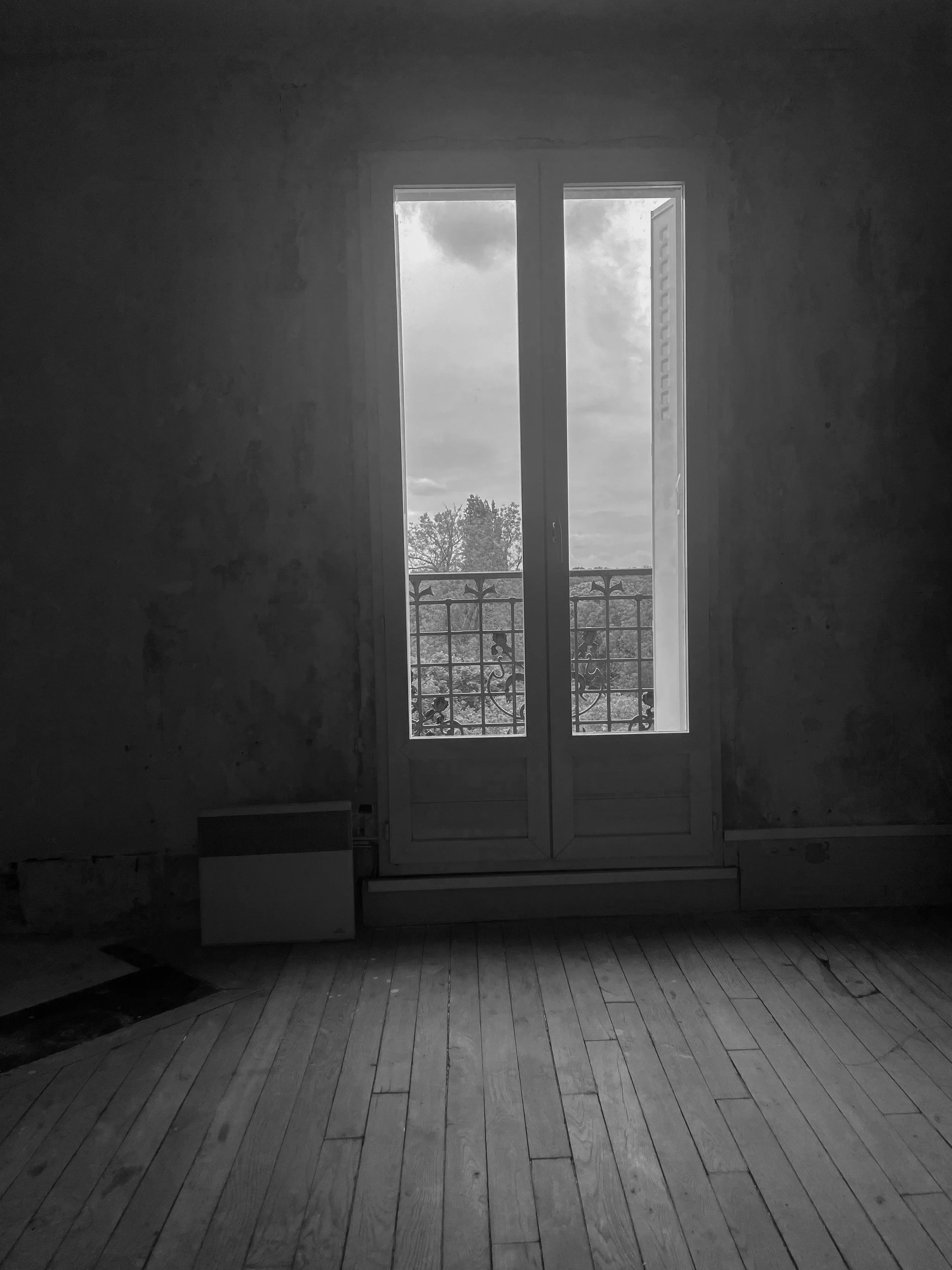 Empty room with wooden floor and a large glass door leading to a balcony, overcast sky and trees visible outside.