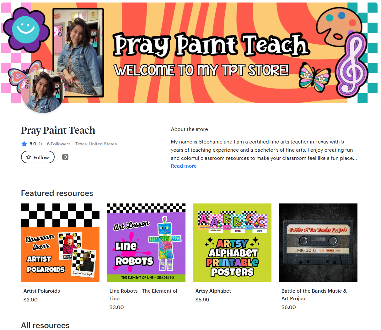 Online store homepage for Pray Paint Teach, featuring a colorful banner with the store name and a welcome message. Contains photos of a young woman, the shop owner, and listings of art resources like polaroids, line robots, alphabet posters, and cassette tapes.