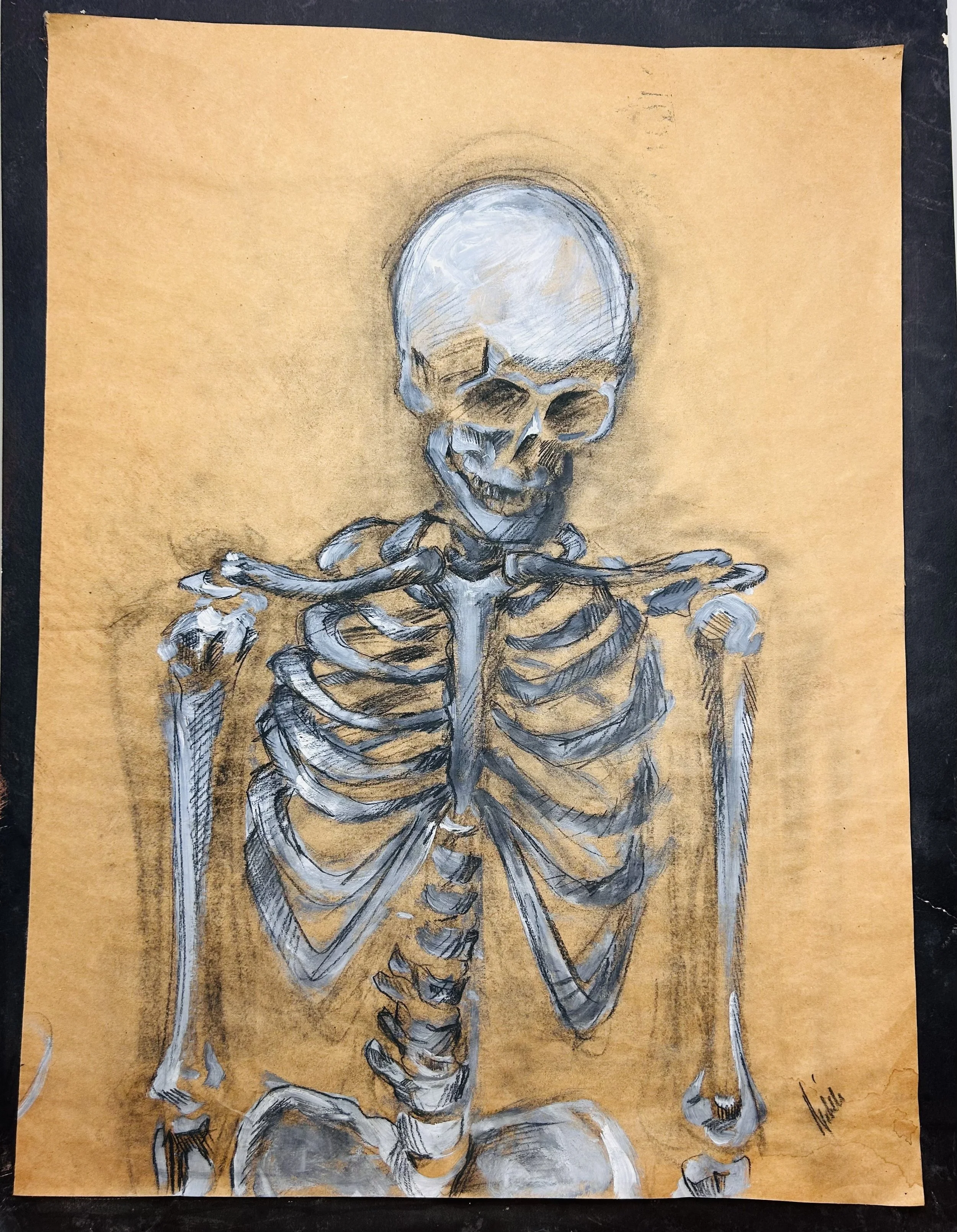 Charcoal study overlaid with gouache