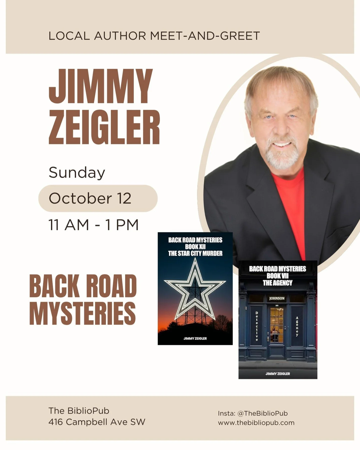 Local mystery author Jimmy Zeigler will be here to sign books on Sunday, Oct. 12 from 11-1. He will be highlighting some that are set in Roanoke!

Back Road Mysteries Book 7 - In The Agency, book VII of the Back Road Mysteries series, James Francis (