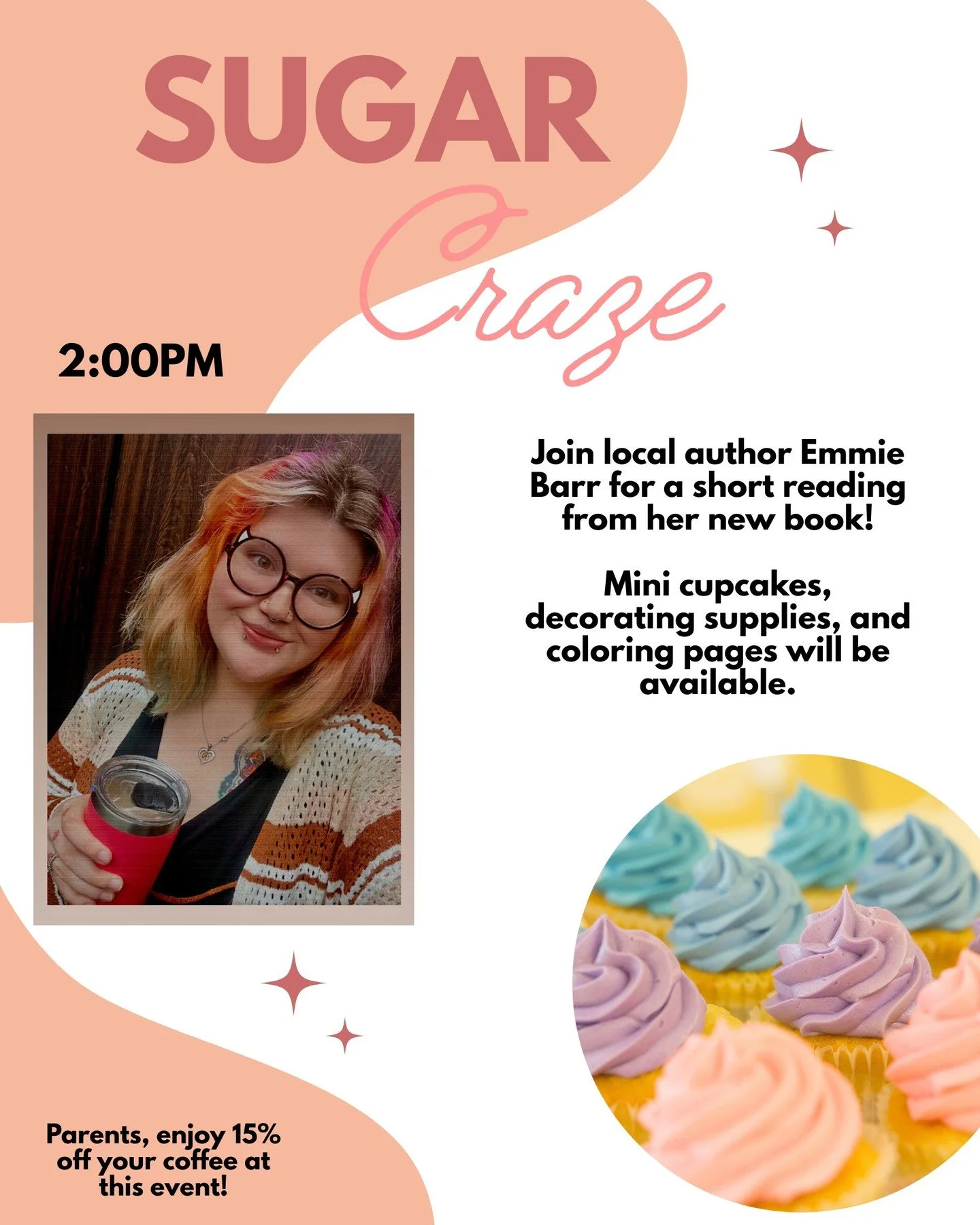 Join local author Emmie Barr for a short reading from her first book, Sugar Craze, this Saturday at 2pm!

When a monster shows up on Halloween night, can best friends Abby and Sheila save their cupcake competition?

Between a ruined tradition and bei