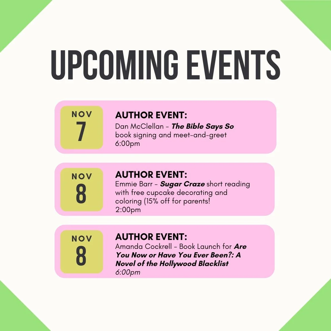 We have three awesome authors for you to meet this week!

First up is the highly anticipated Dr. Dan McClellan, on Friday, November 7th at 6:00pm. Dan's book, The Bible Says So, reflects on the misinformation surrounding varied interpretation of scri