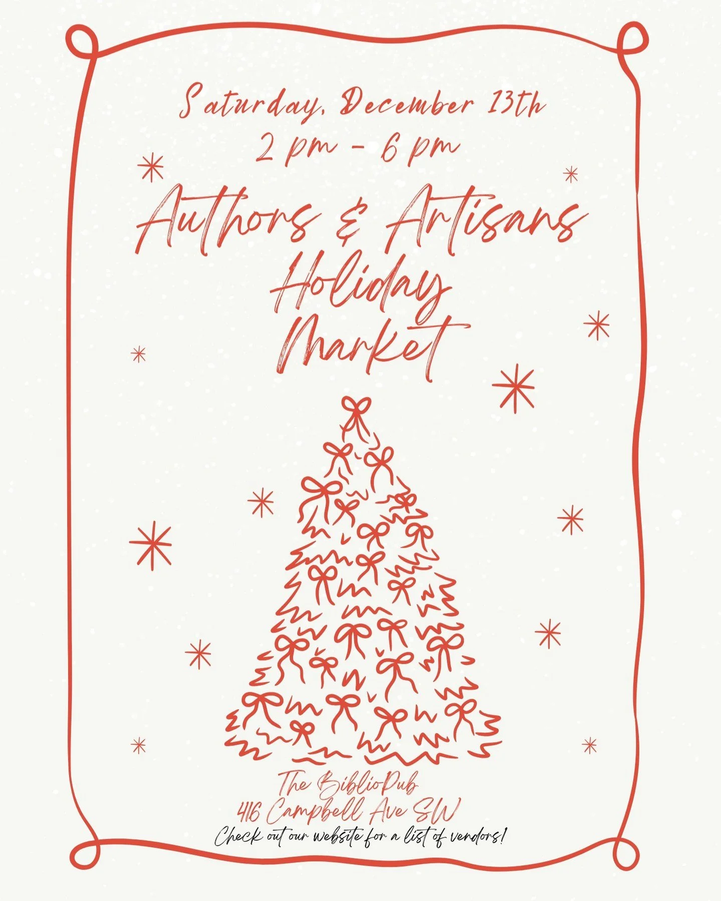 Get ready to sip and shop small at our Authors &amp; Artisans Holiday Market! Meet local authors, snag limited signed books, explore handmade gifts, and check off your holiday shopping list all in one magical place. 🎁📚✨

📅 Saturday, December 13th
