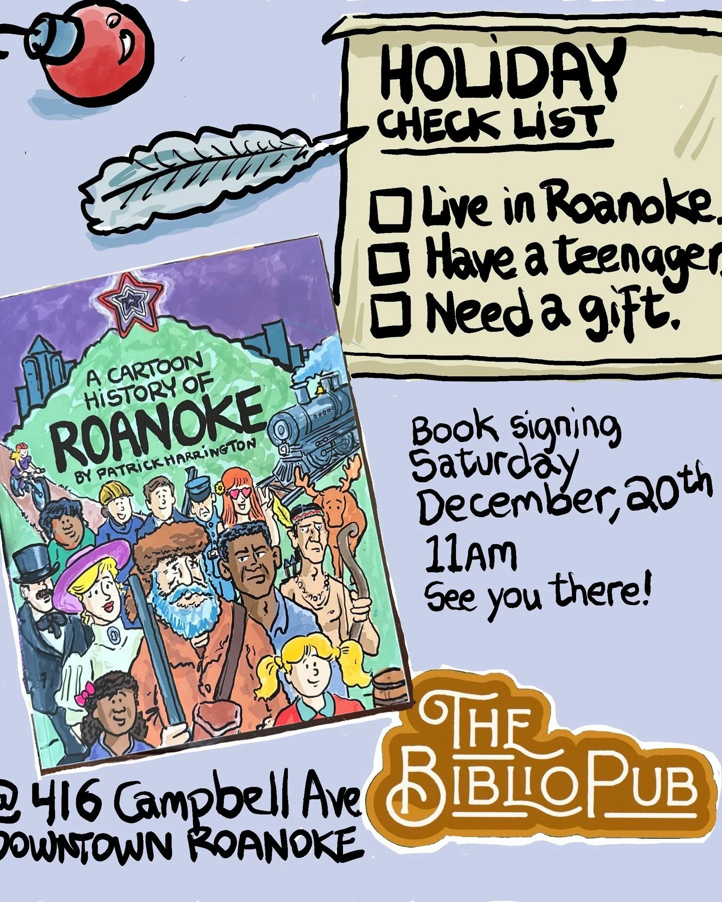 ✏️📚 History, but make it fun!
Meet Patrick Harrington, author of A Cartoon History of Roanoke, as he brings our city&rsquo;s past to life one illustrated page at a time. He'll be here to chat and sign books, so swing by to pick up your copy!

When: 