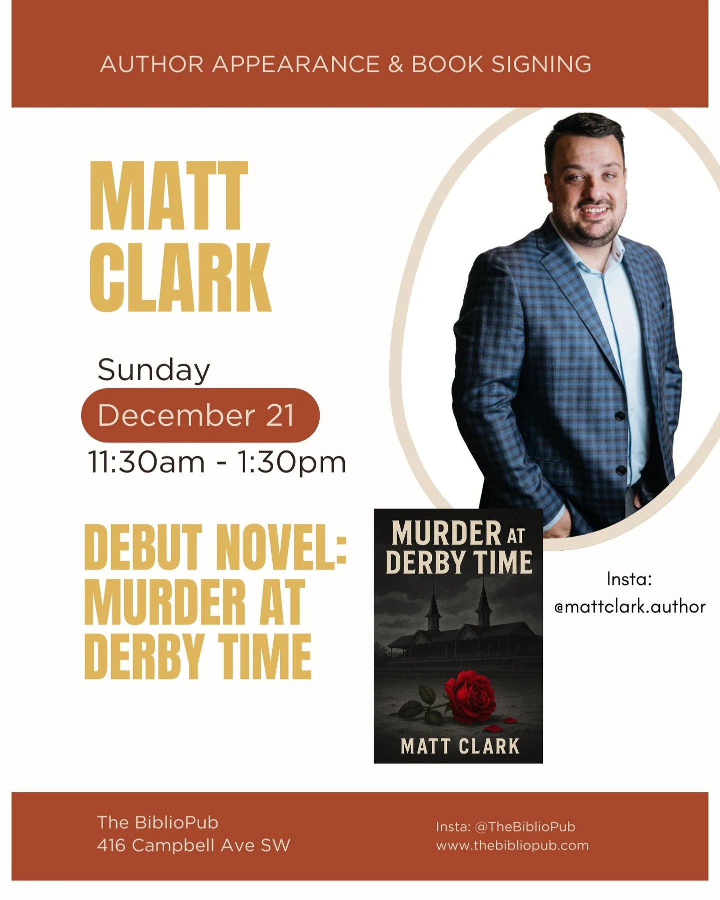 One last author event of the year! @mattclark.author will be here to chat about and sign copies of his novel, Murder at Derby Time. Makes a great last-minute Christmas gift!

Sunday, December 21st @ 11:30am