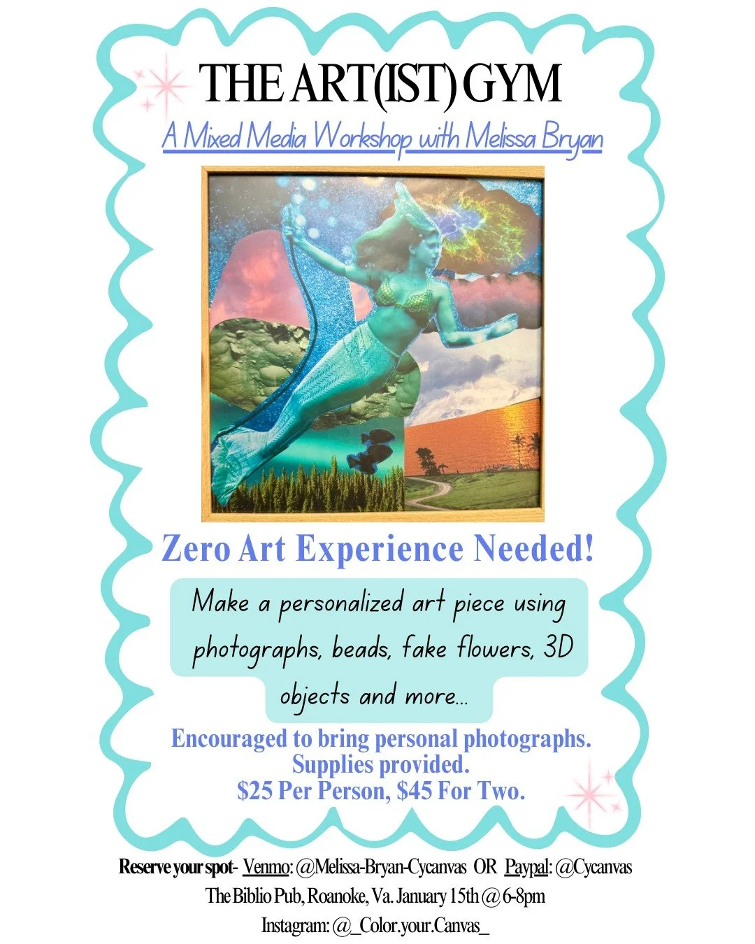 Do you like artsy stuff but feel you lack talent or creativity (like me)? 😂

Then this workshop is for you! Actually, everyone is welcome regardless of ability. Come make a personalized art piece with all types of media!

When: January 15th @ 6pm

R